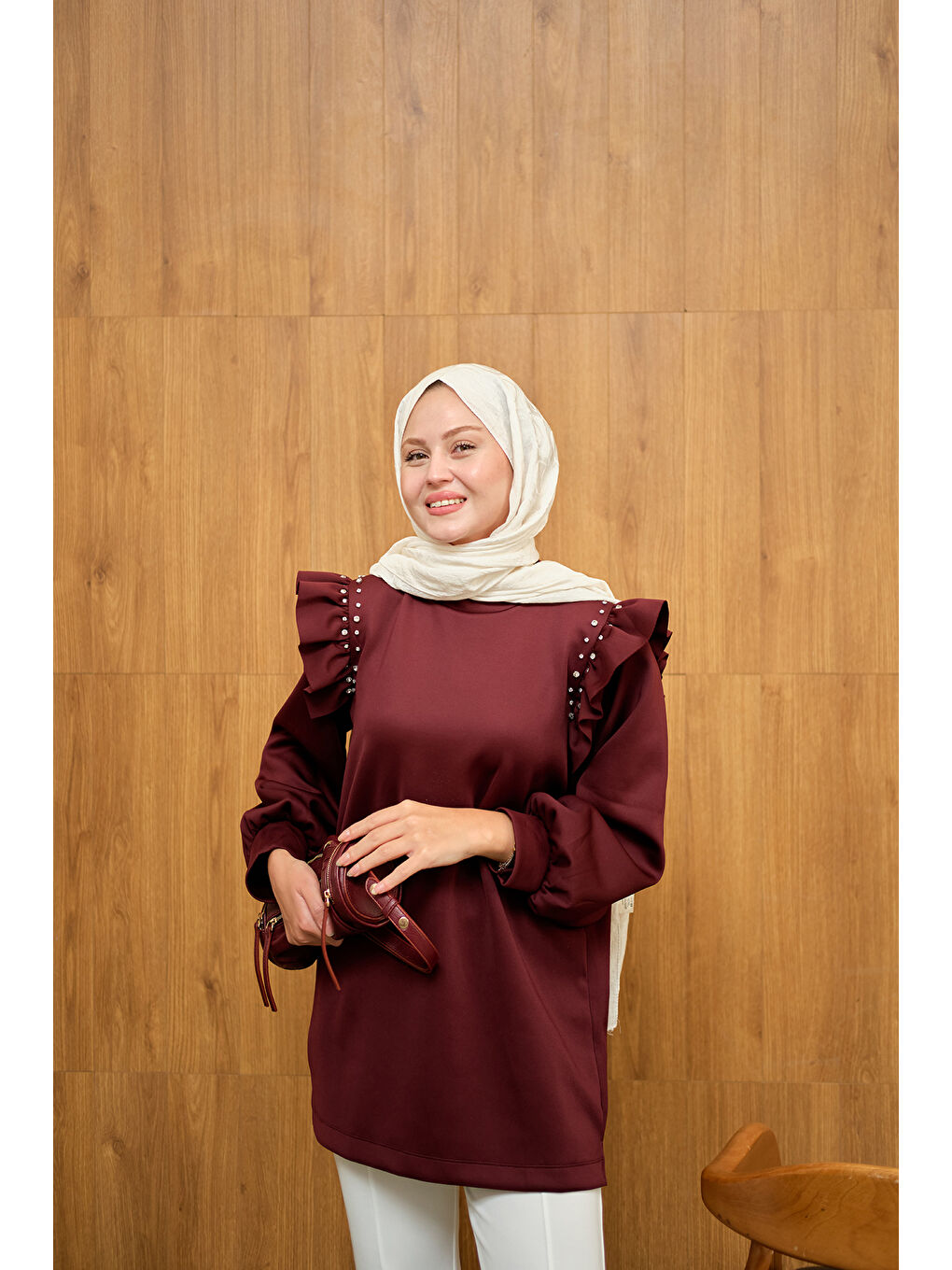 Kadın Fırfır Detay Taşlı Tunik Bordo-2