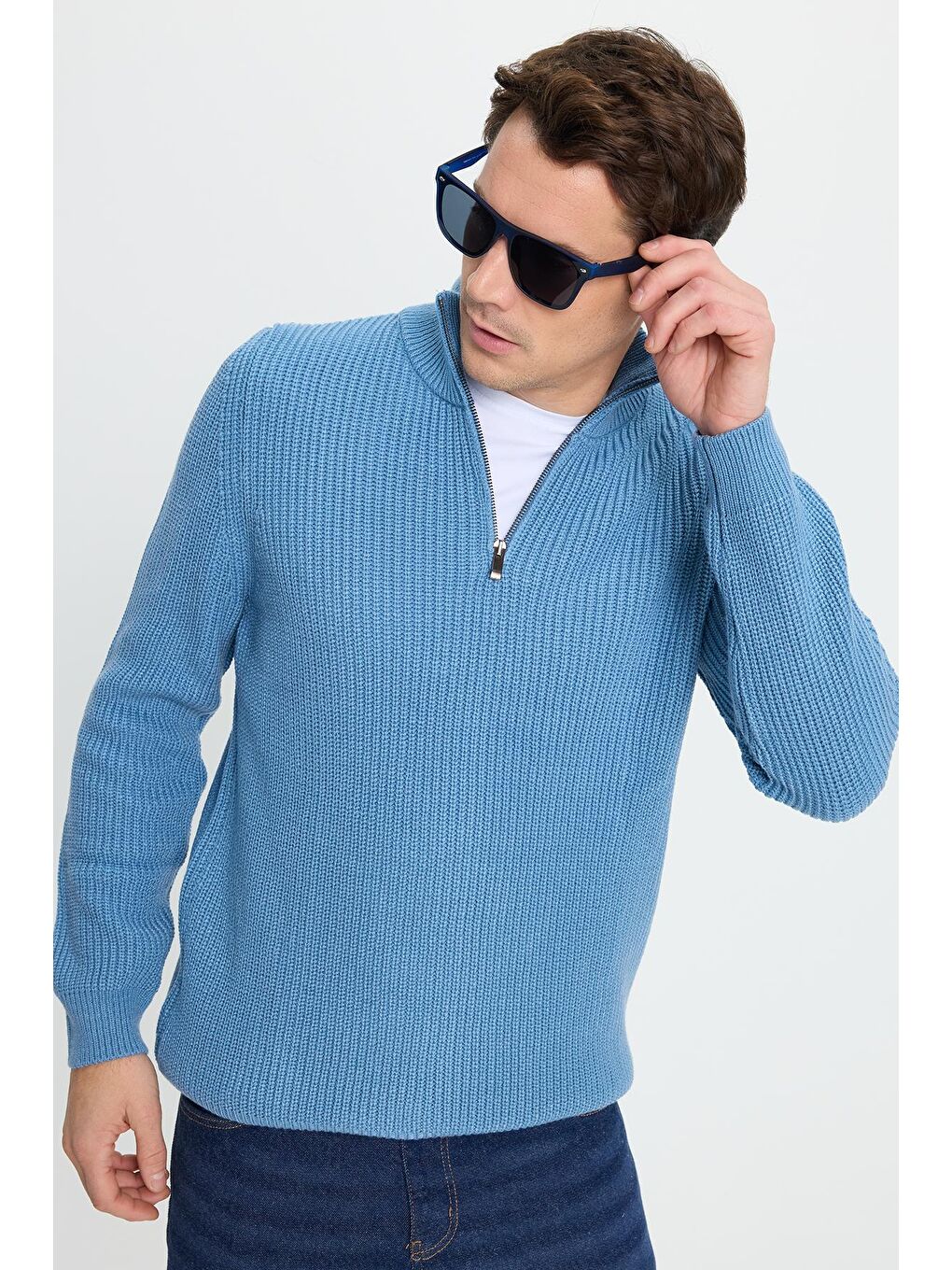 Erkek Slim Fit Dar Kesim Fermuarlı İndigo Dik Yaka Triko Kazak-5