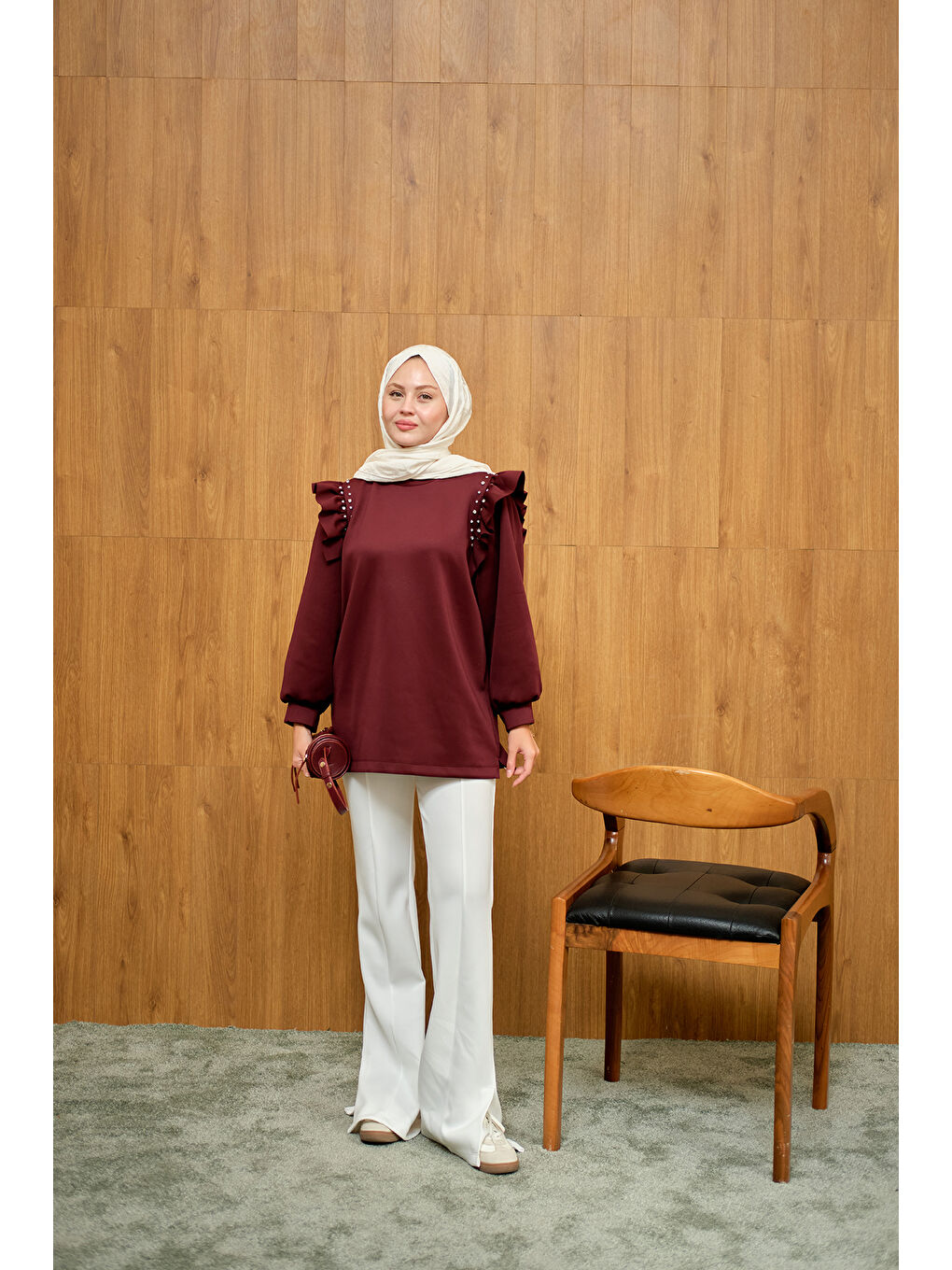 Kadın Fırfır Detay Taşlı Tunik Bordo-3
