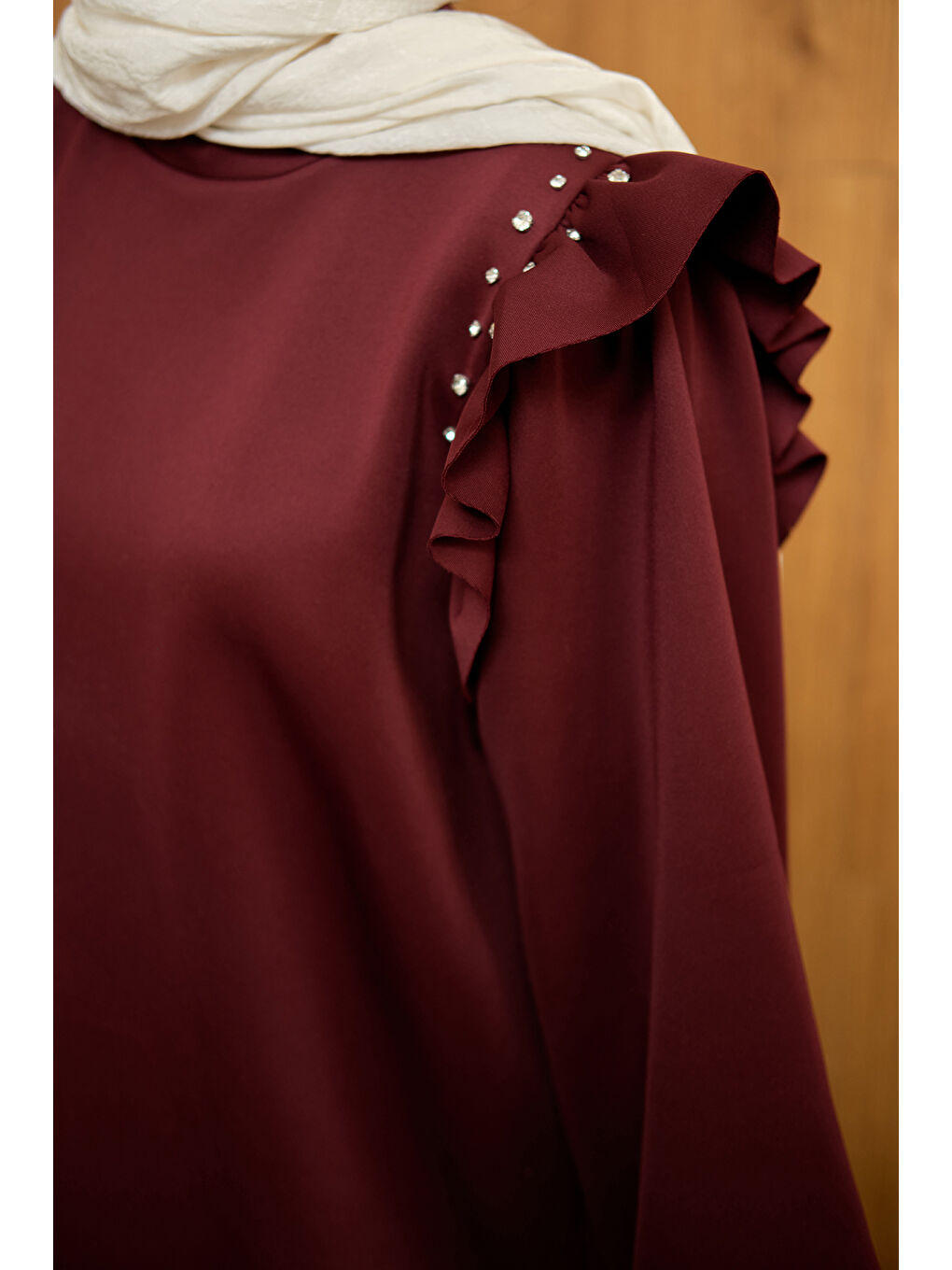 Kadın Fırfır Detay Taşlı Tunik Bordo-4