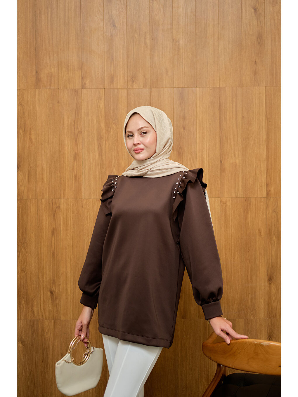Kadın Fırfır Detay Taşlı Tunik Kahverengi-2