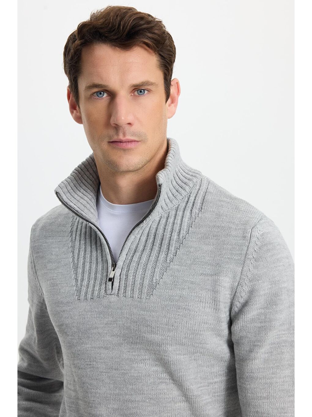 Erkek Slim Fit Dar Kesim Armürlü Fermuarlı Gri Dik Yaka Kazak-1