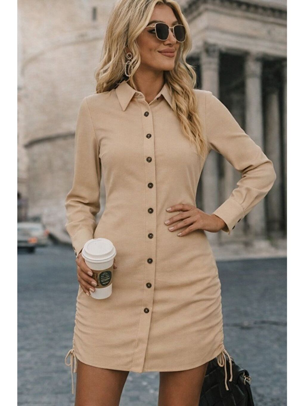 Bej Kadın Uzun Kollu Gömlek Yaka önden Düğmeli Yanlardan Büzgülü Kısa Aerobin Elbise