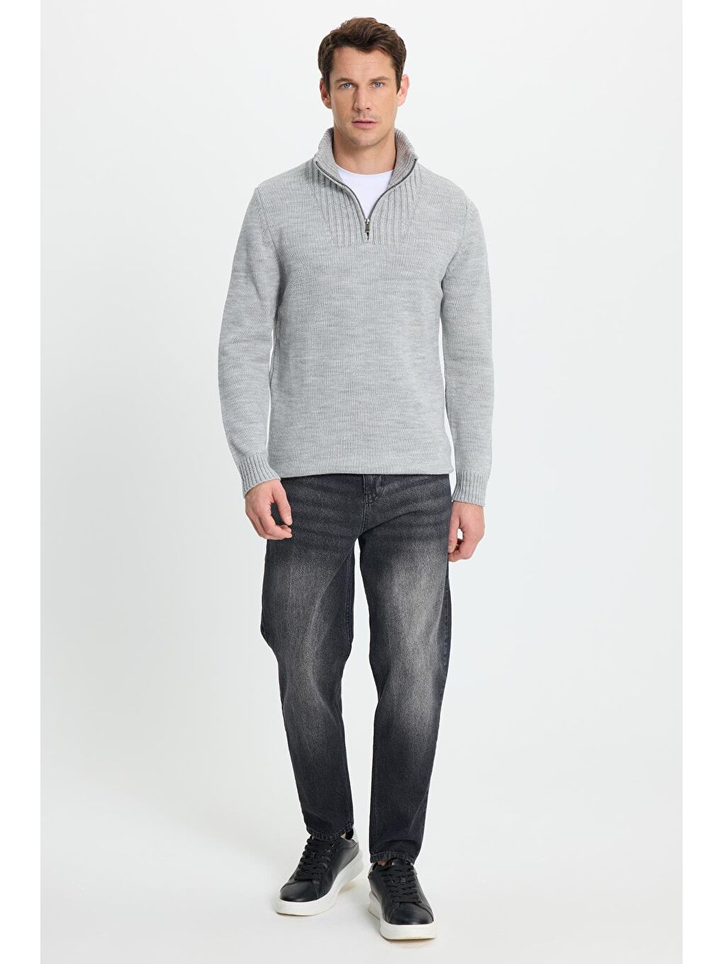 Erkek Slim Fit Dar Kesim Armürlü Fermuarlı Gri Dik Yaka Kazak-4