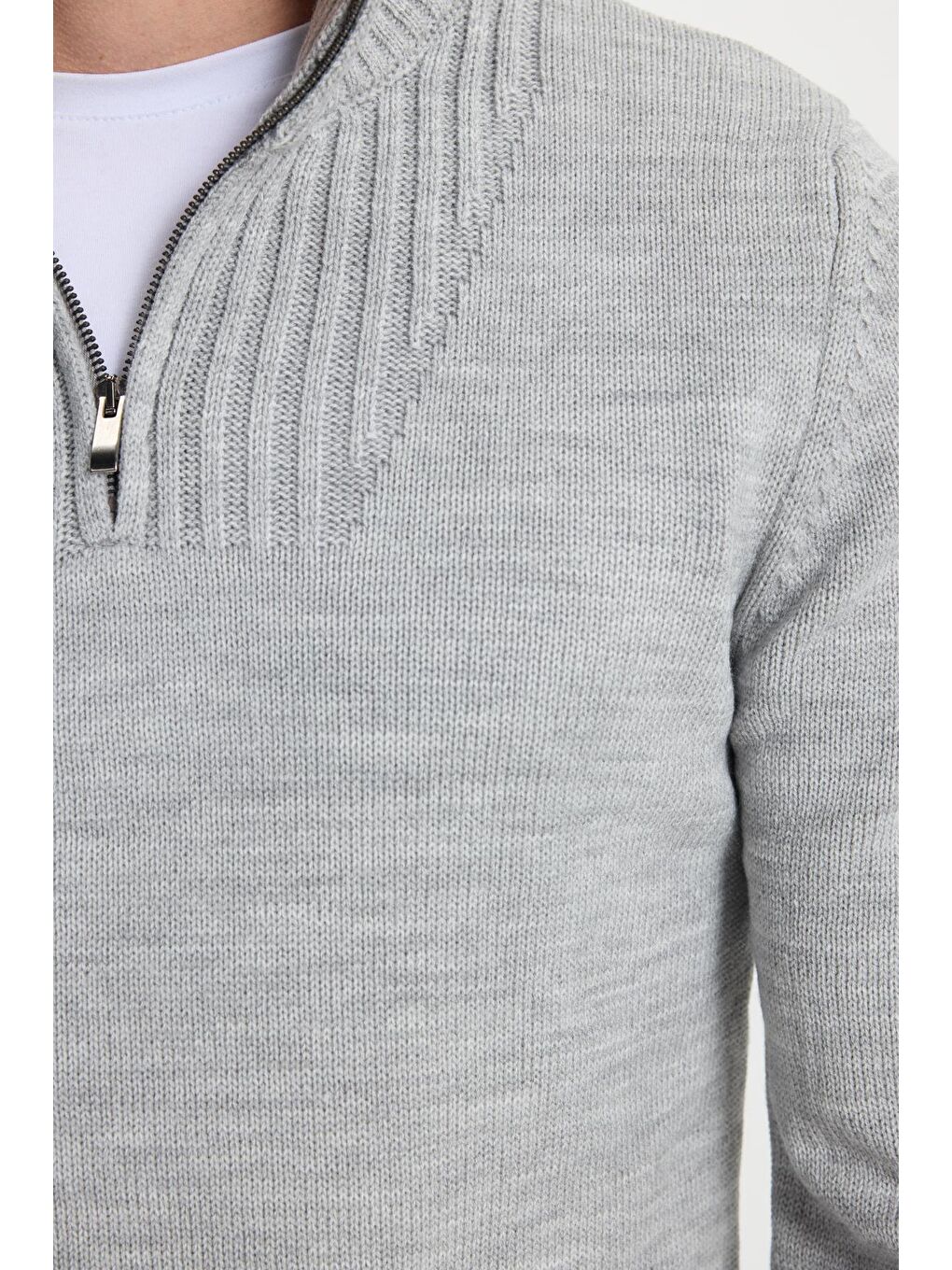 Erkek Slim Fit Dar Kesim Armürlü Fermuarlı Gri Dik Yaka Kazak-6