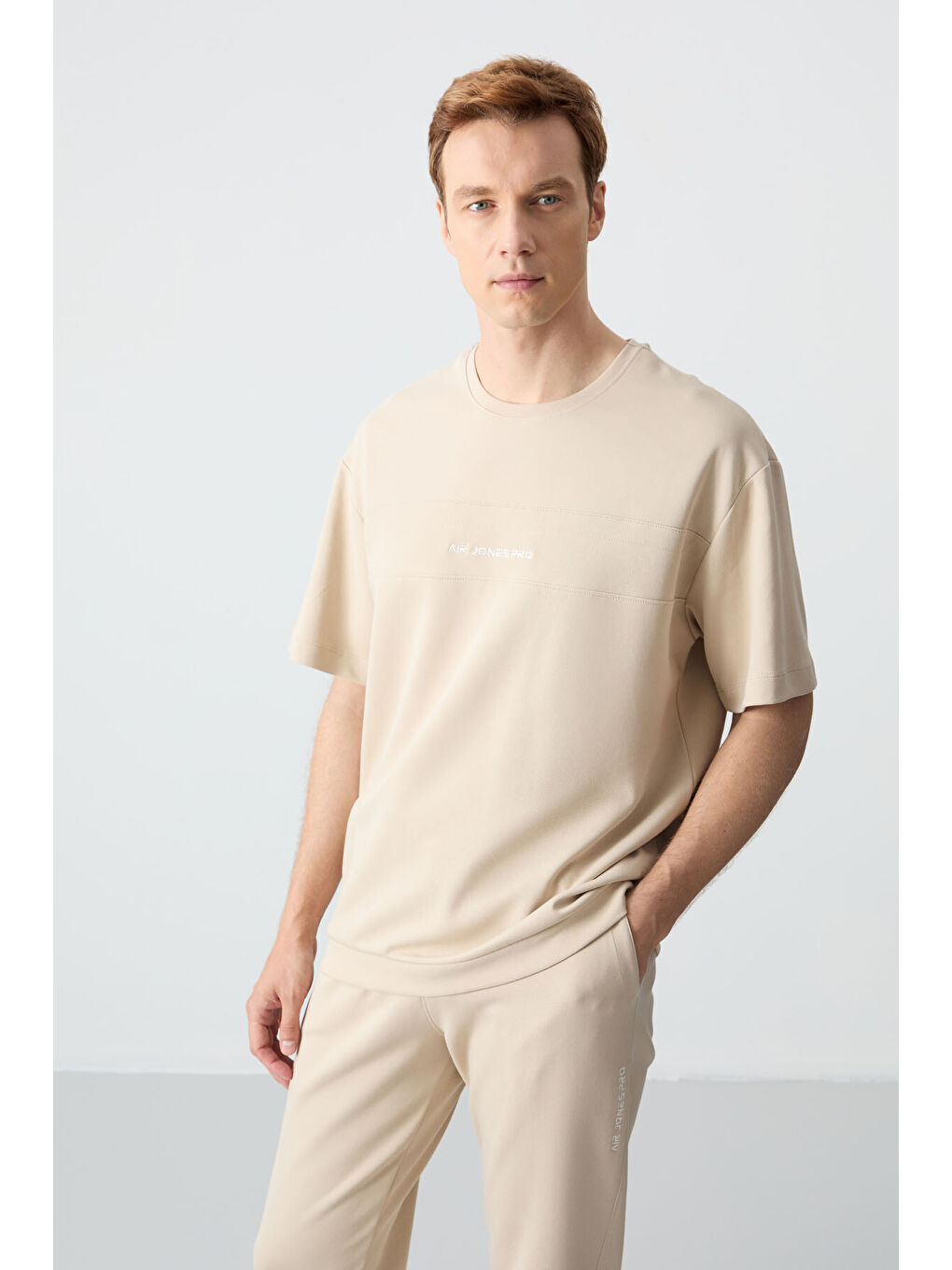 AIR JONES Bej Pamuklu Kalın Yumuşak Dokulu Oversize Fit Basic Erkek Eşofman Takım - 85261 - 2