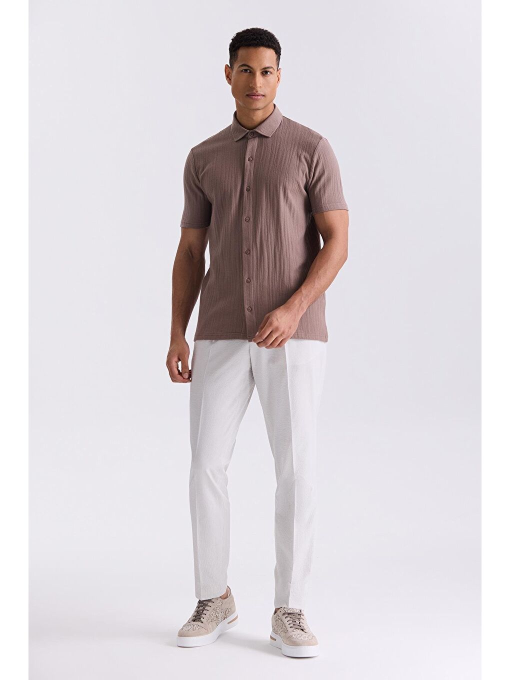 Bej Slim Fit Düğmeli Gömlek-1