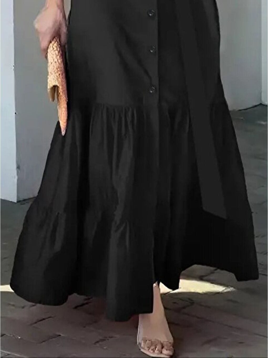 Siyah Kadın Uzun Kollu Eteği Fırfırlı Beli Kuşaklı Trikoton Tam Boy Gömlek Elbise-1