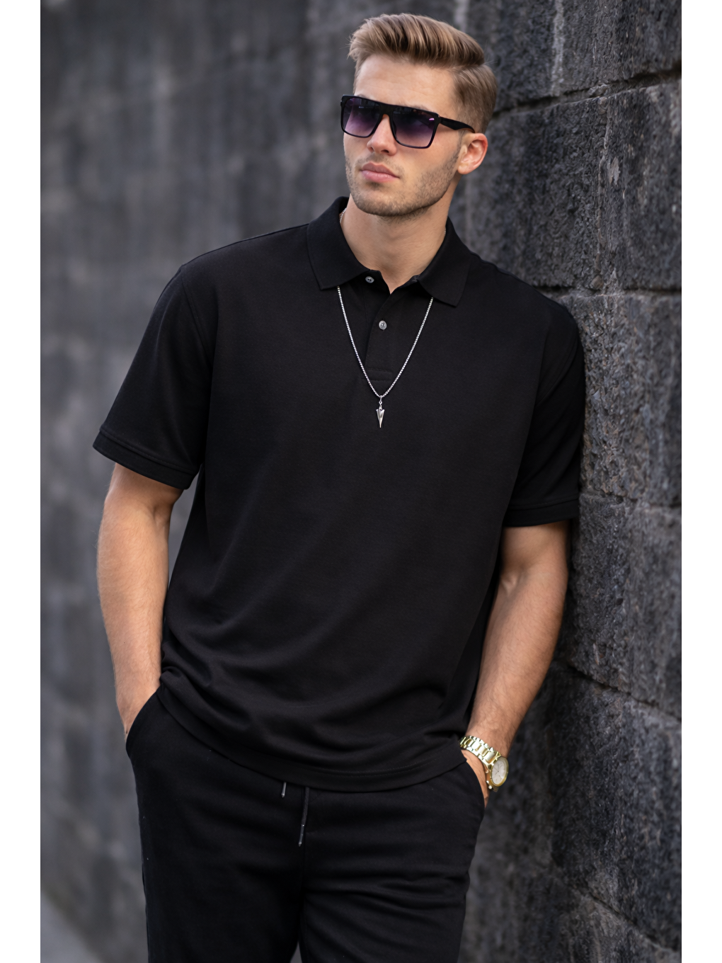 Erkek Basic Relax Siyah Polo Yaka Tişört-2
