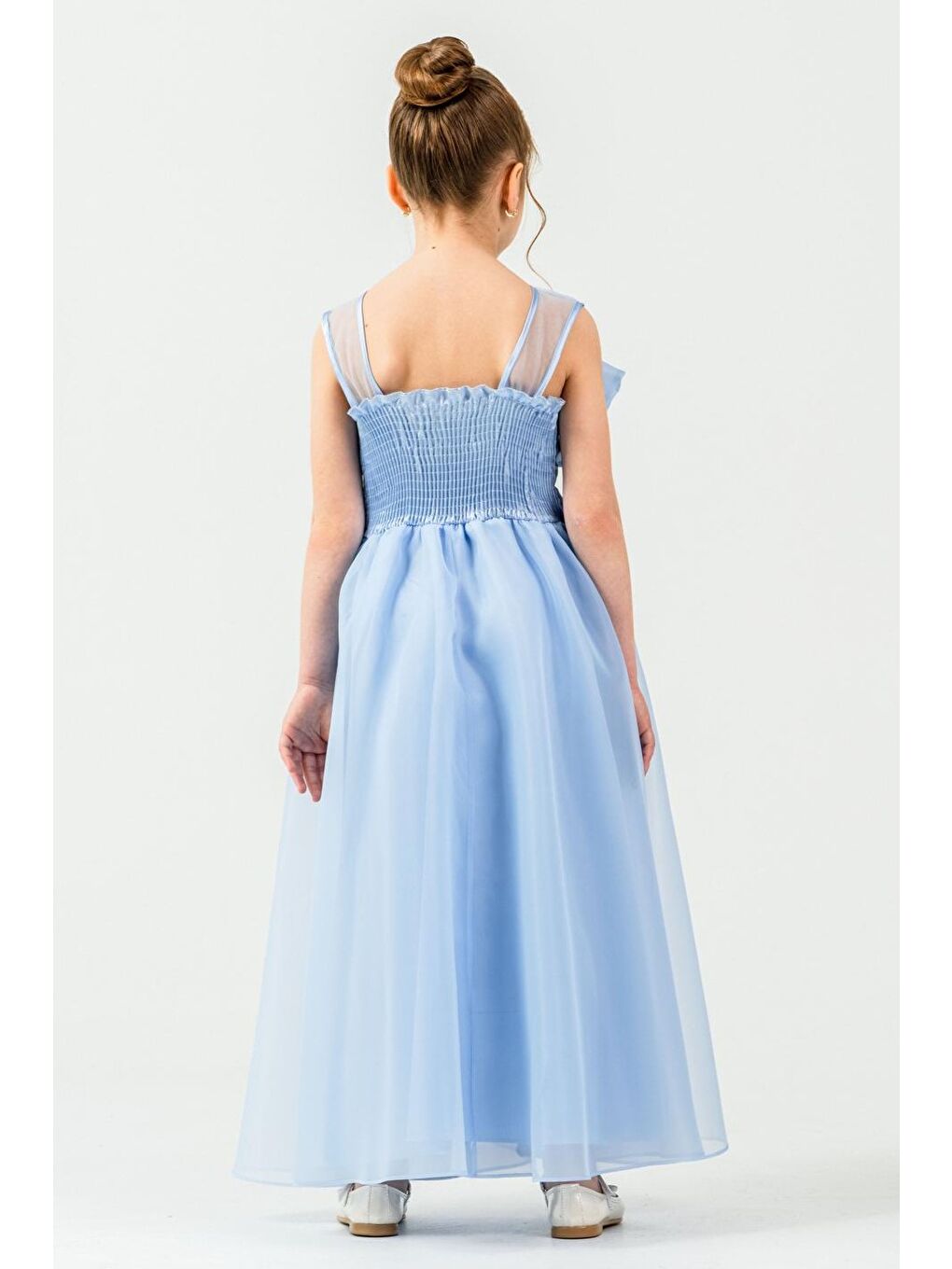Mavi Kız Çocuk Organze Tül Çiçek ve Fiyonk Detaylı Gipe Sırtlı Prenses Abiye Elbise M00800-1