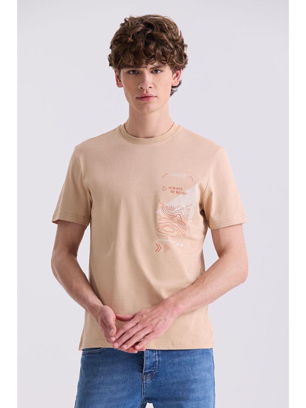 Bej Slim Fit Bisiklet Yaka T-Shirt