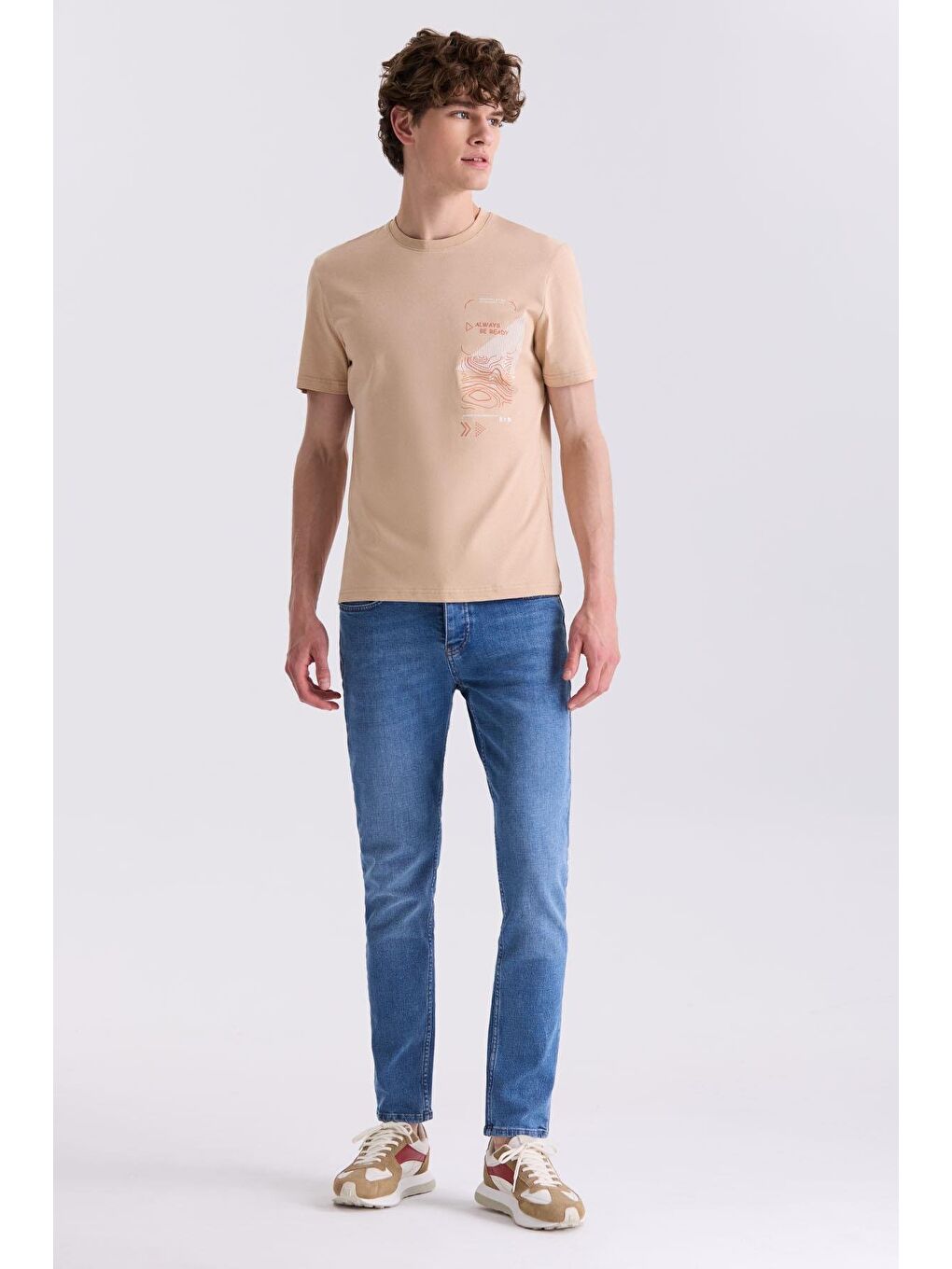 Bej Slim Fit Bisiklet Yaka T-Shirt-1