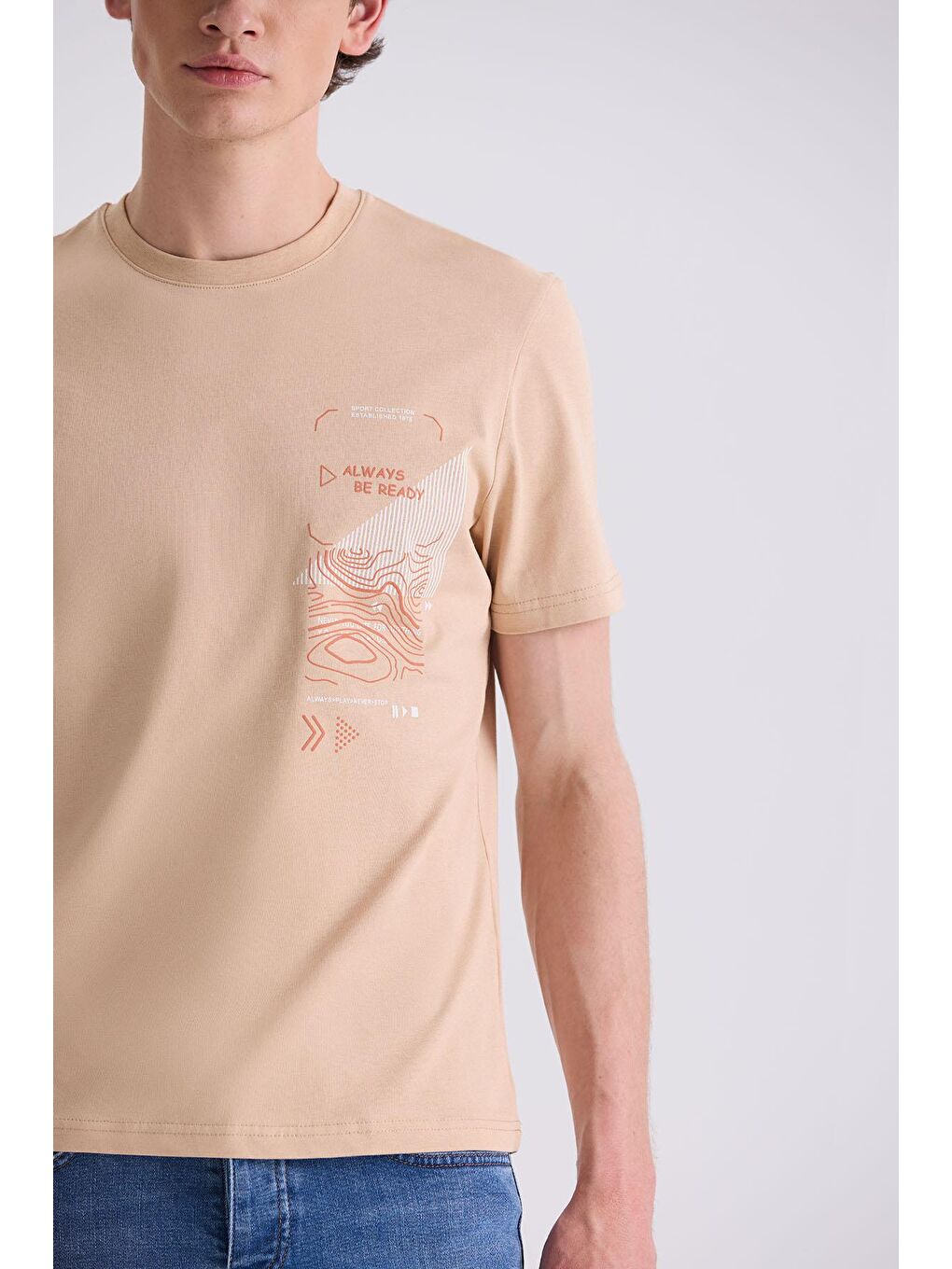 Bej Slim Fit Bisiklet Yaka T-Shirt-2