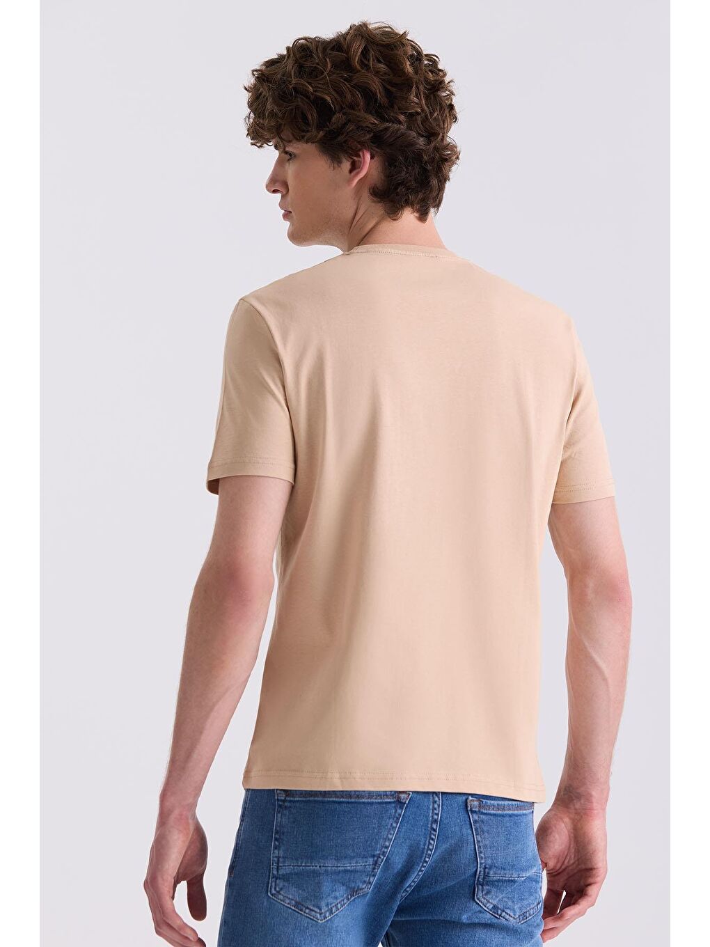 Bej Slim Fit Bisiklet Yaka T-Shirt-3