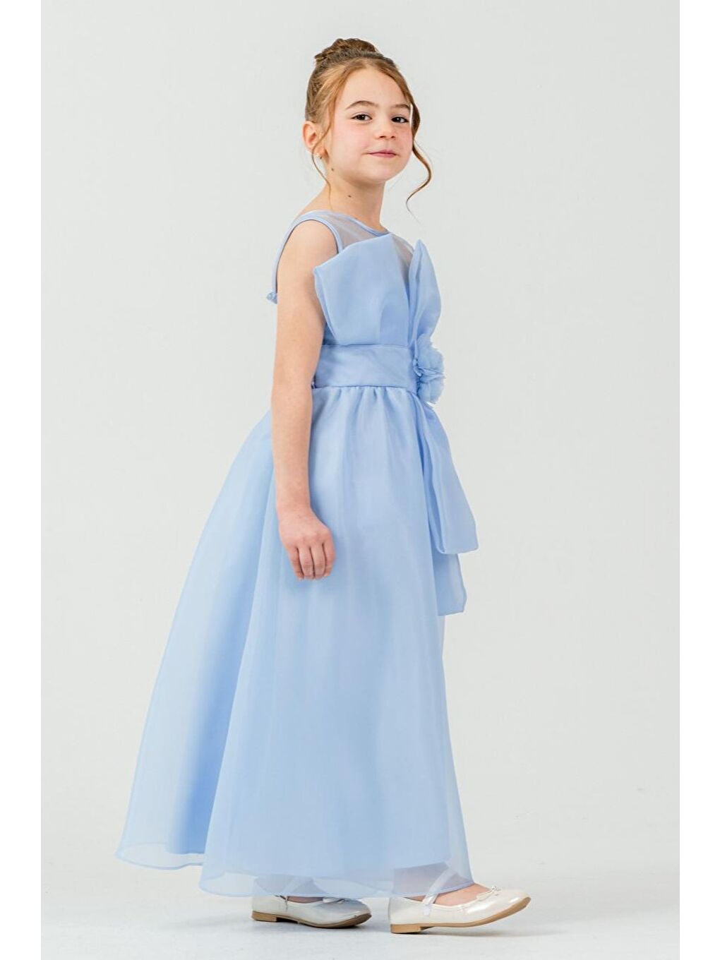 Mavi Kız Çocuk Organze Tül Çiçek ve Fiyonk Detaylı Gipe Sırtlı Prenses Abiye Elbise M00800-2