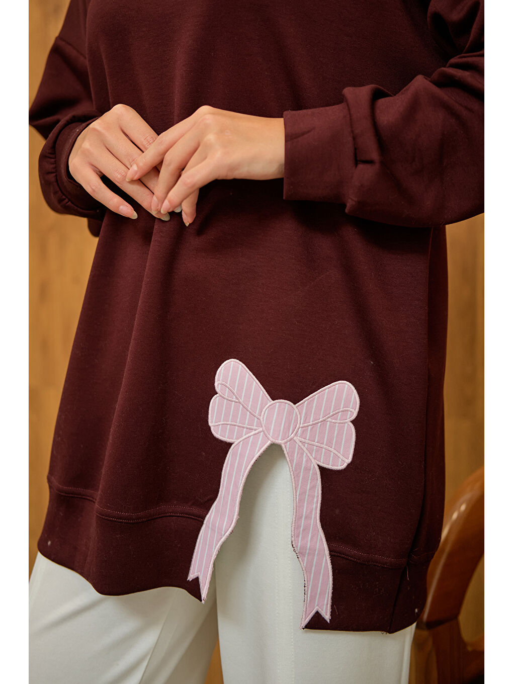 Kadın Fiyonk Nakışlı Tunik Bordo-4