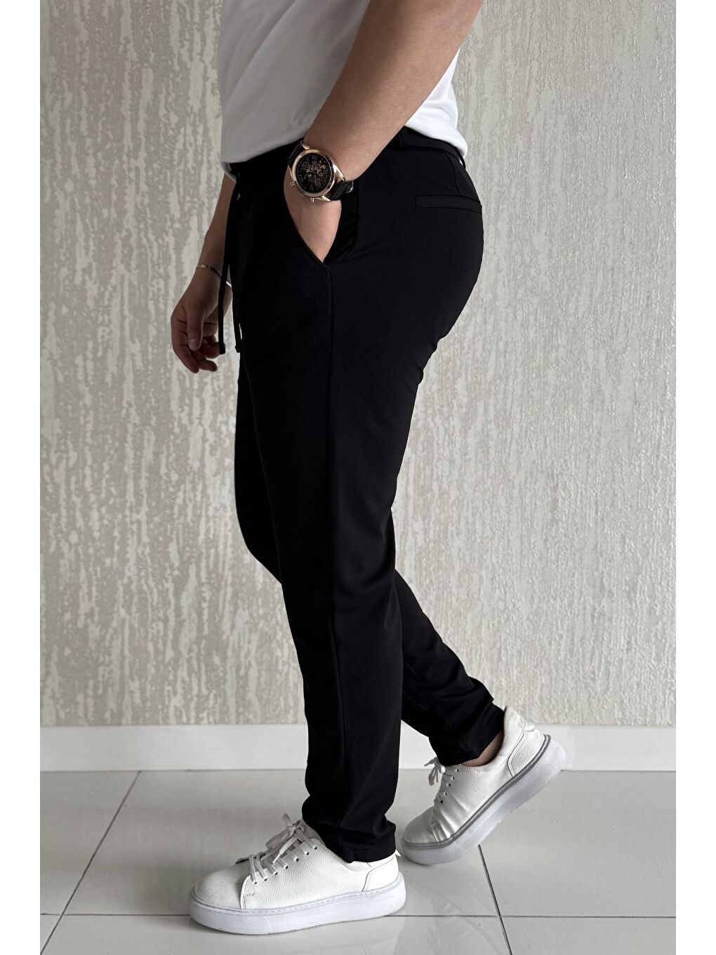 Siyah Bel Bağcıklı Fermuarlı Erkek Jogger Pantolon-1