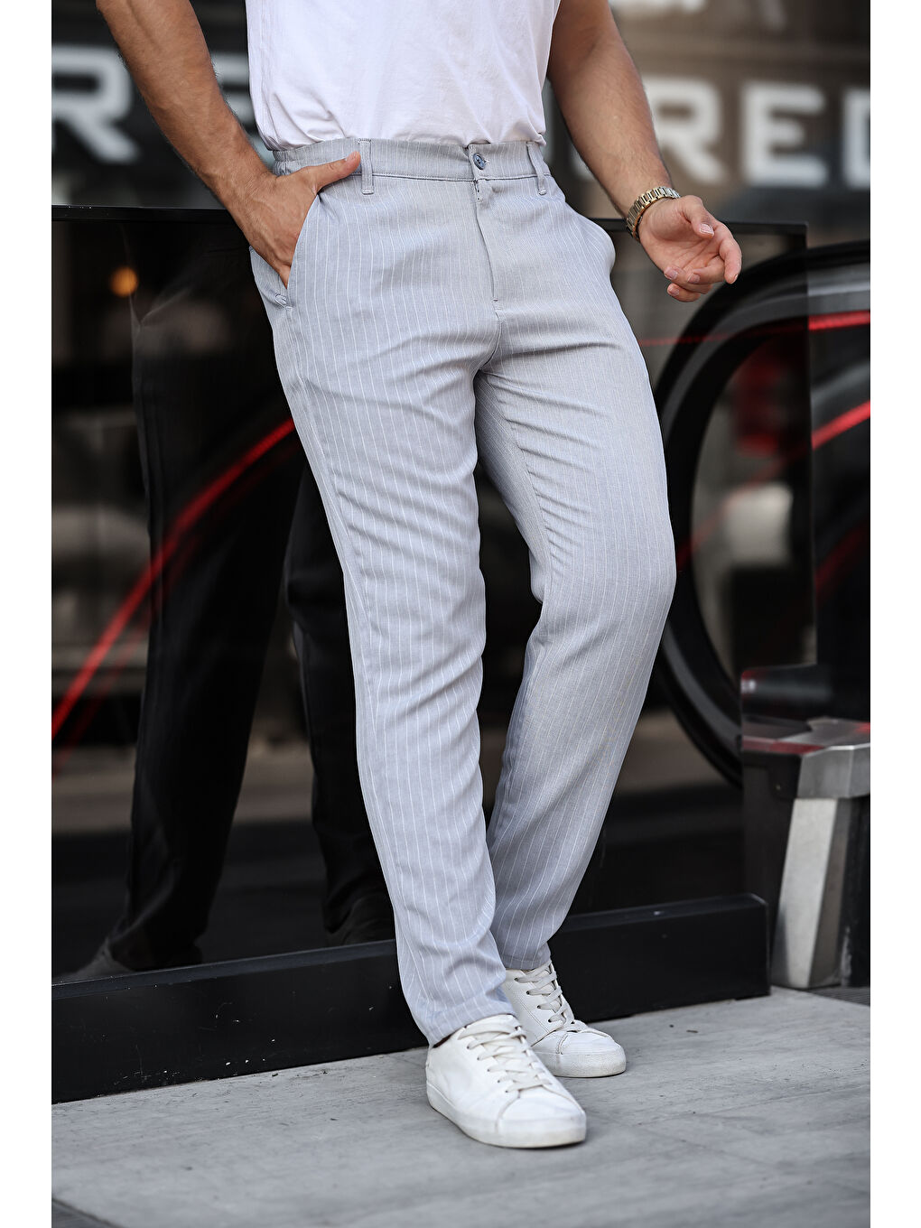 comstar Açık Gri Erkek Slim Fit Çizgili Pantolon