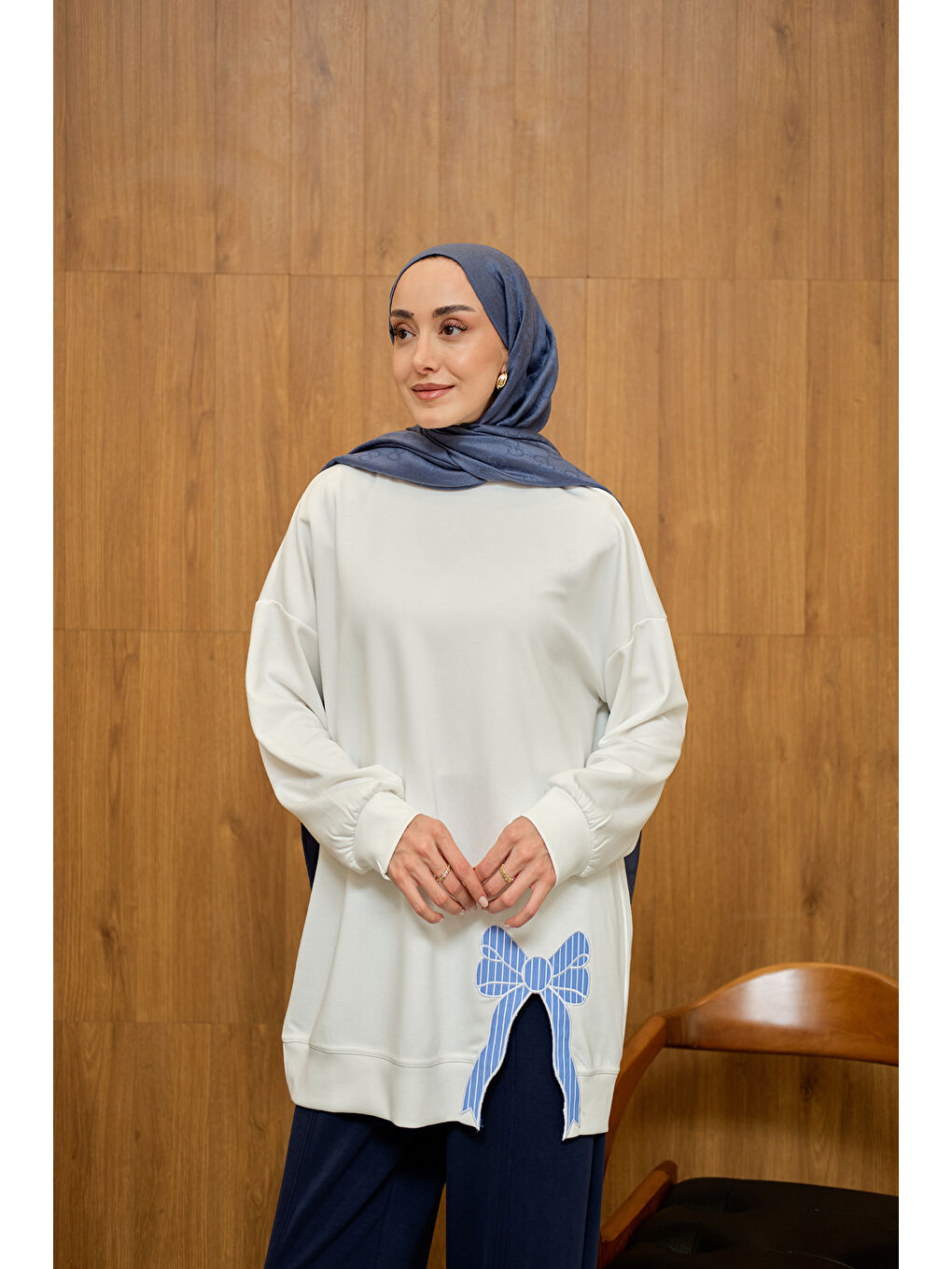 Kadın Fiyonk Nakışlı Tunik Ekru-2