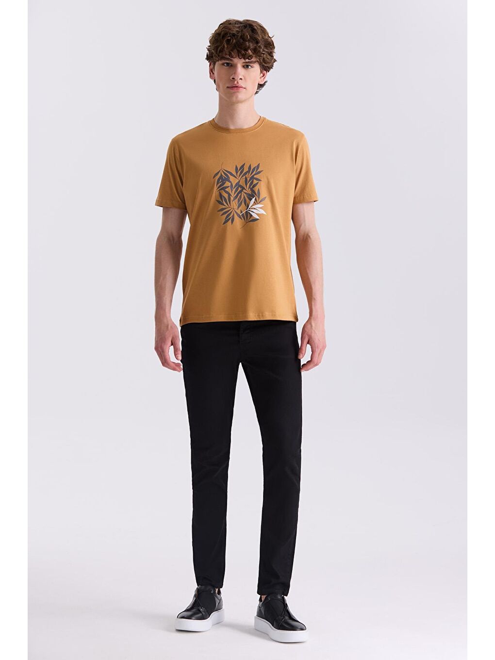 Sarı Hardal Slim Fit Bisiklet Yaka T-Shirt-1