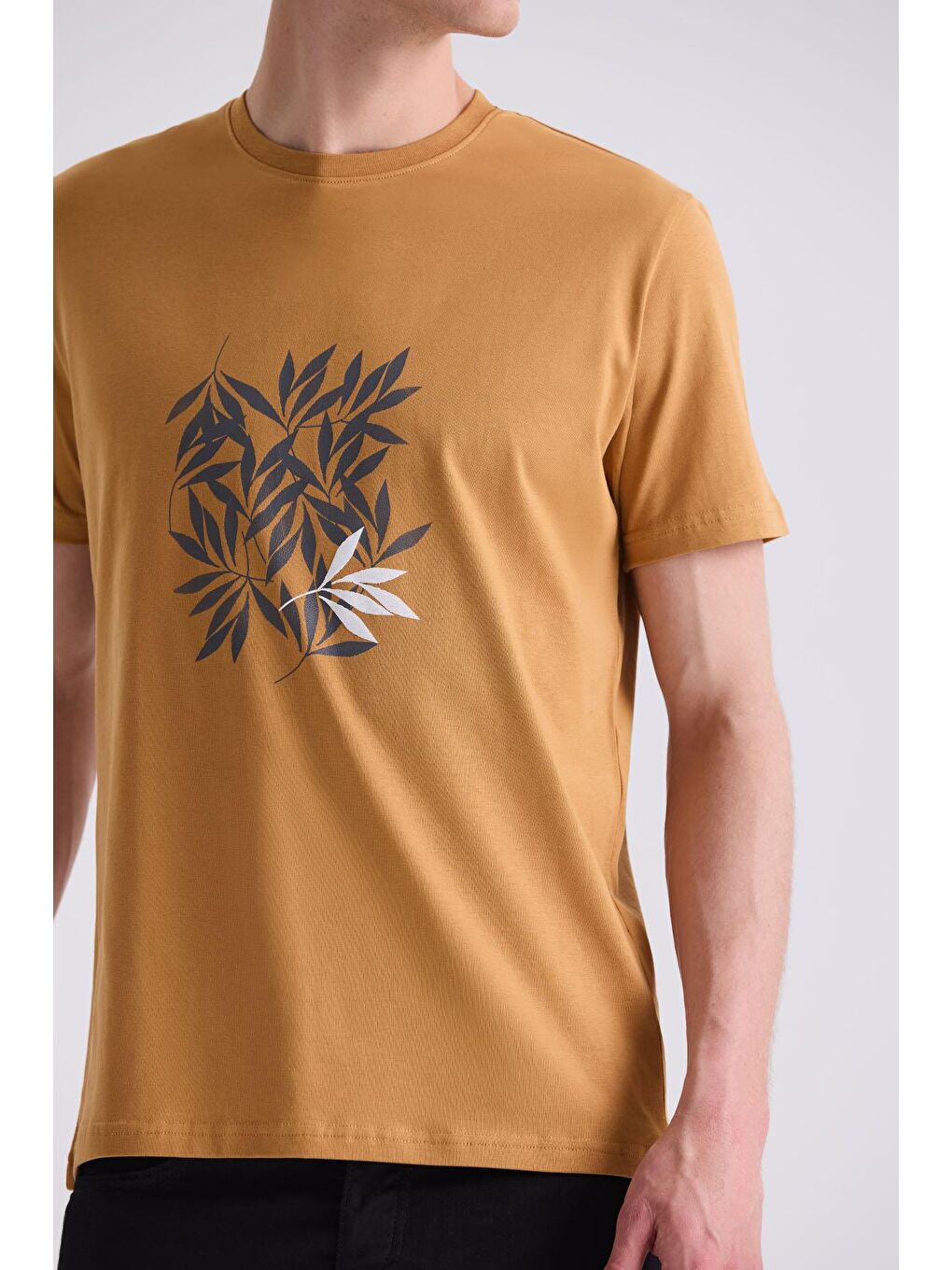 Sarı Hardal Slim Fit Bisiklet Yaka T-Shirt-2