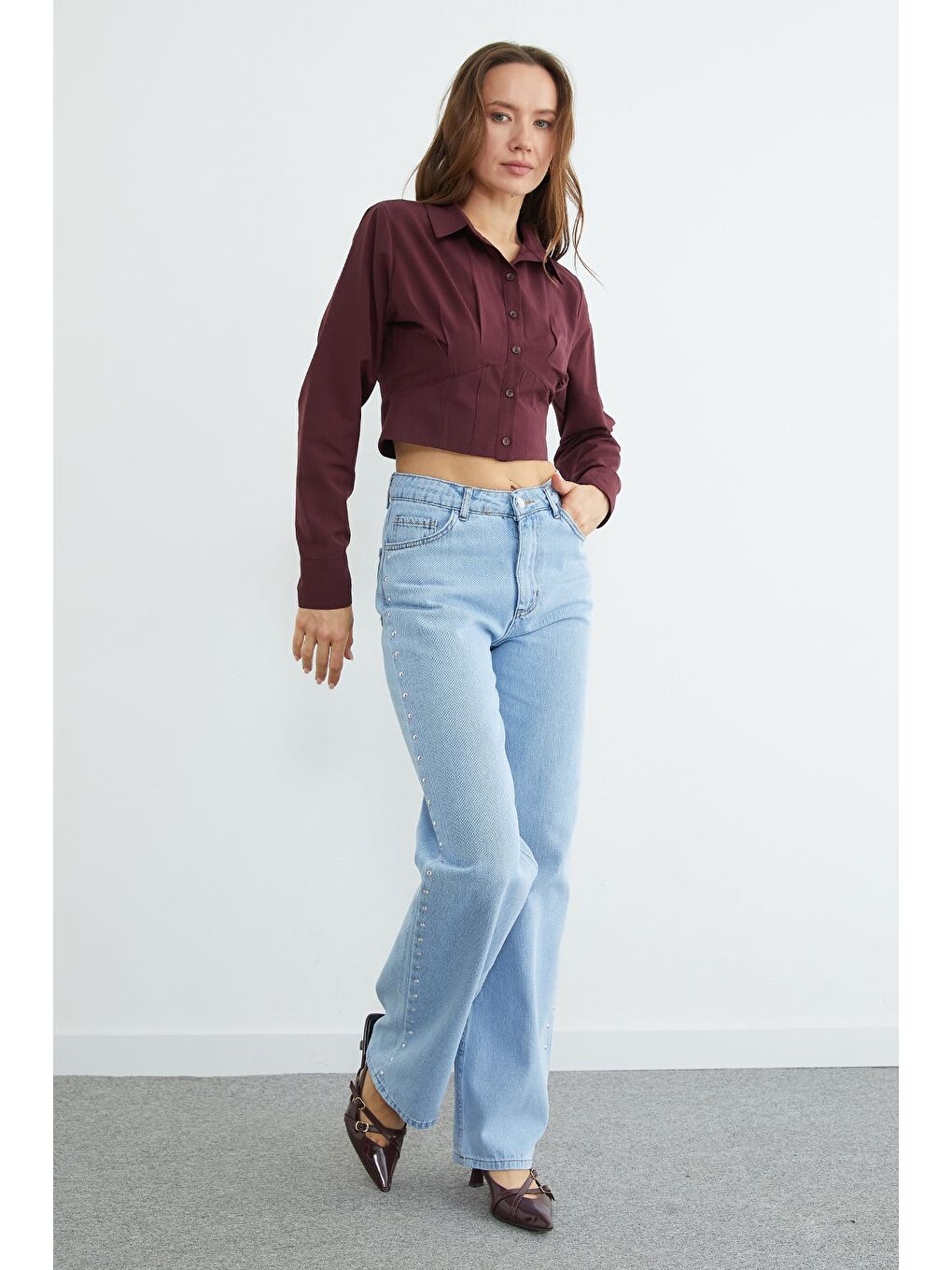 Mavi Yüksek Bel Perçin Detaylı Jean-2