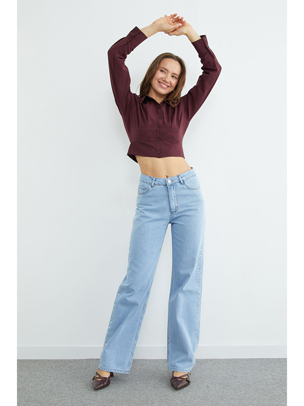 Mavi Yüksek Bel Perçin Detaylı Jean-3