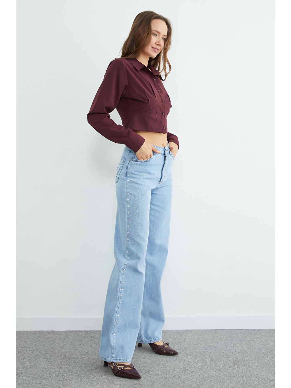 Mavi Yüksek Bel Perçin Detaylı Jean-4