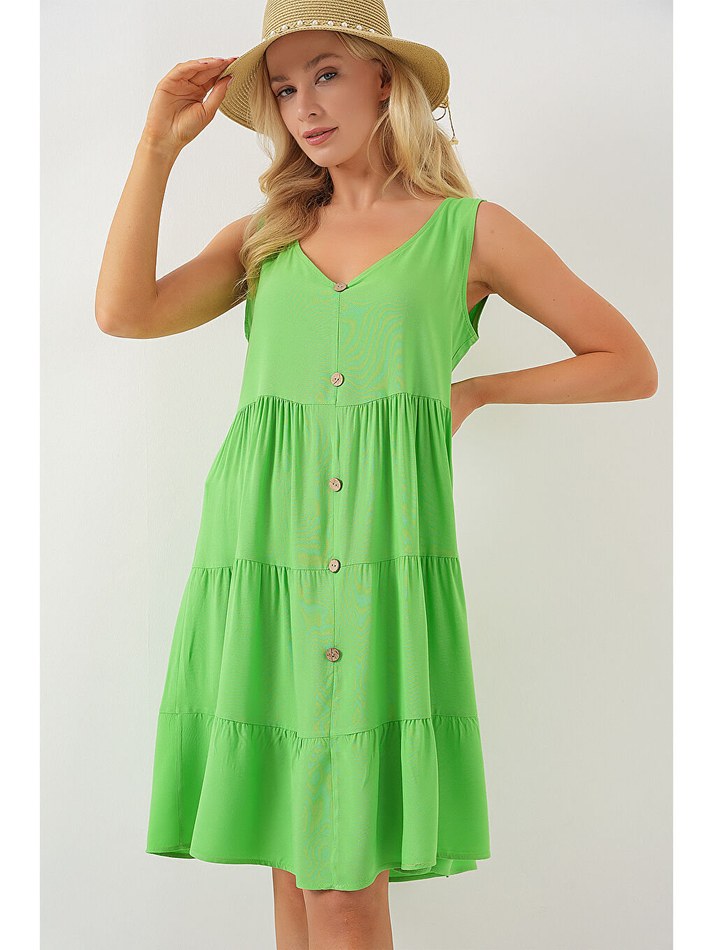Kadın Sıfır Kol Düğmeli Kısa Elbise 2571 - Yeşil