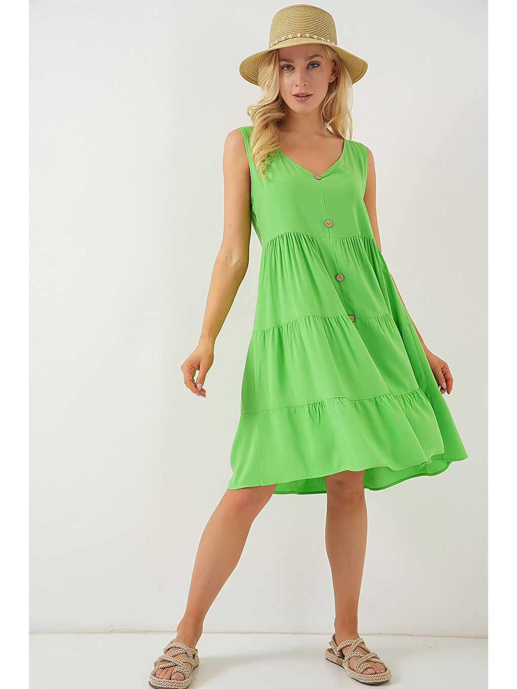 Kadın Sıfır Kol Düğmeli Kısa Elbise 2571 - Yeşil-1