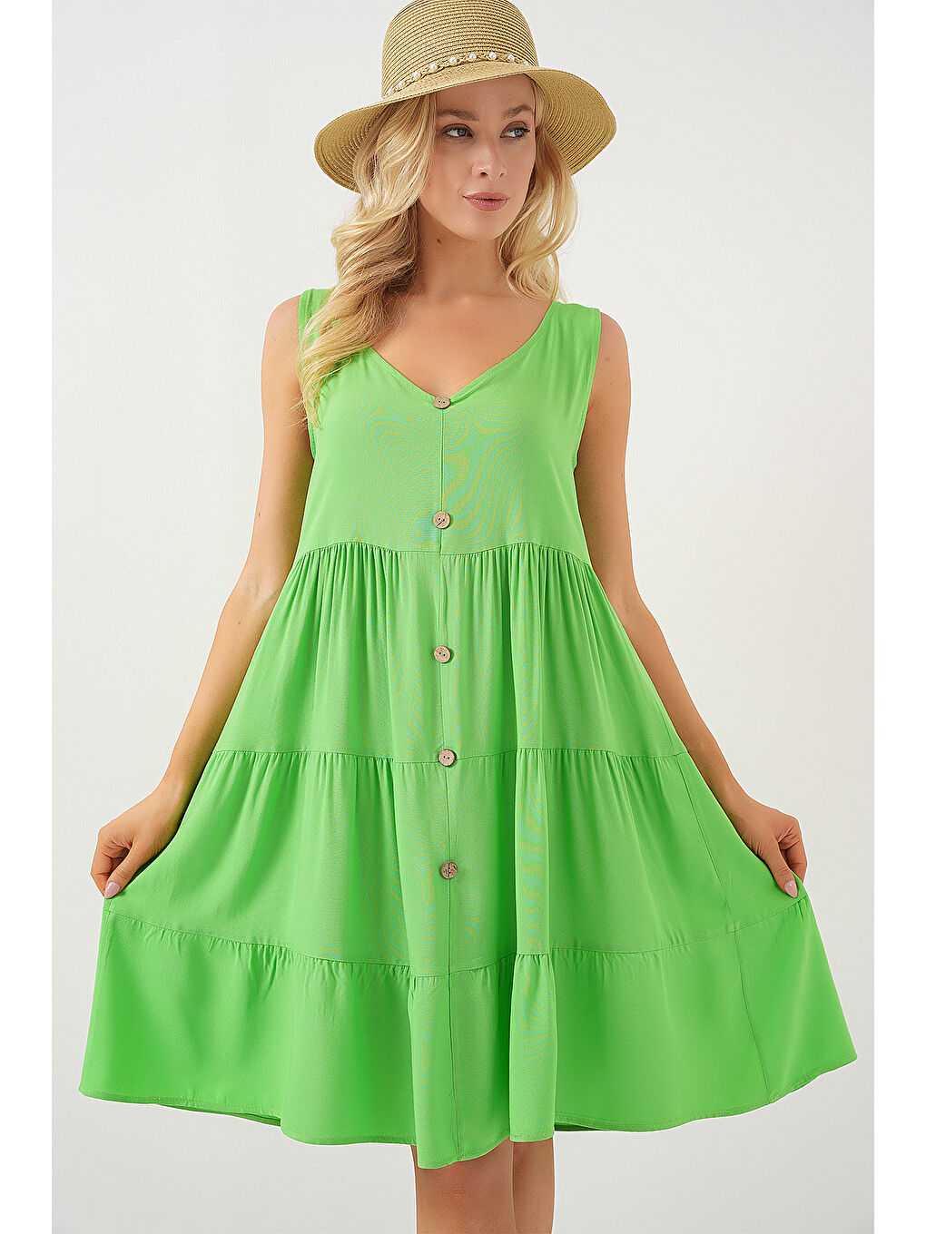 Kadın Sıfır Kol Düğmeli Kısa Elbise 2571 - Yeşil-2