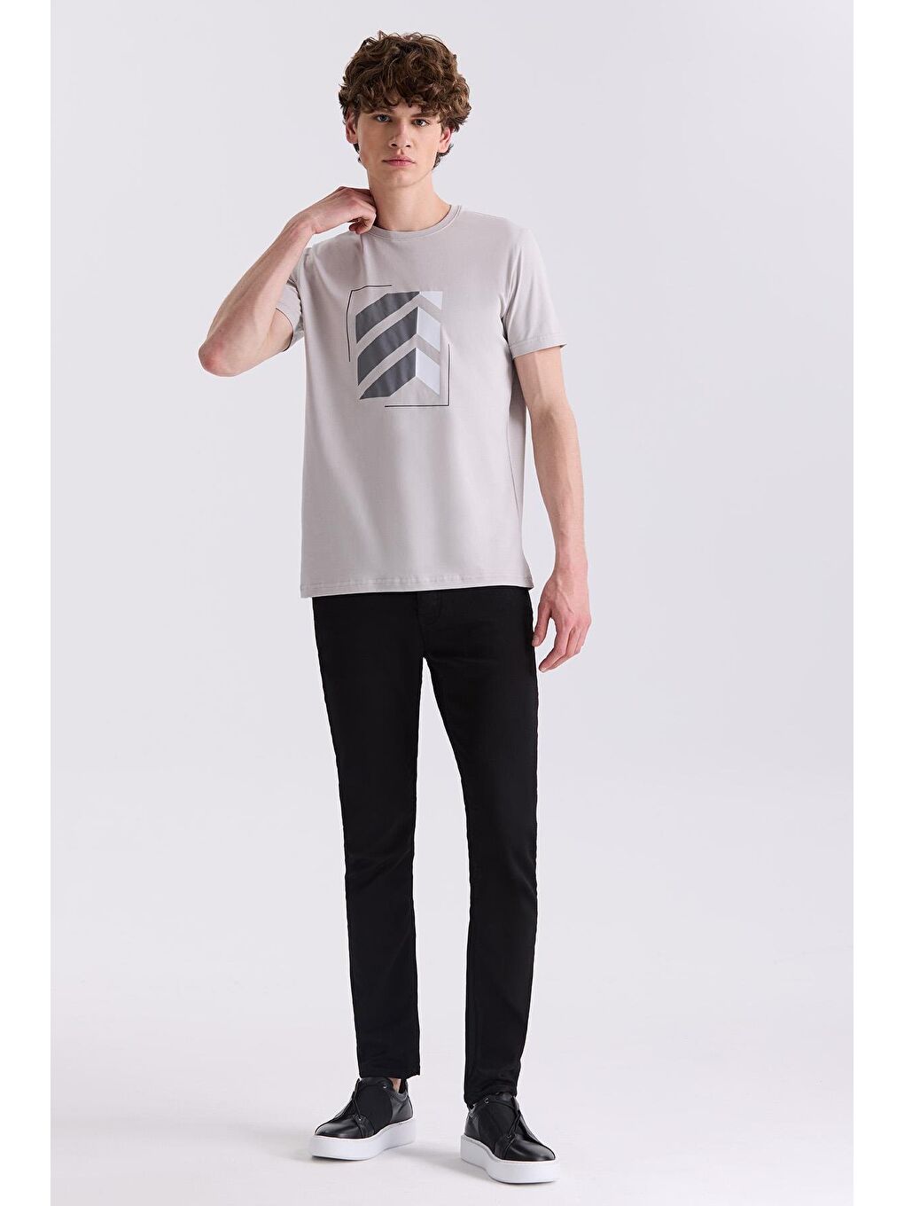 Gri Slim Fit Bisiklet Yaka T-Shirt-1
