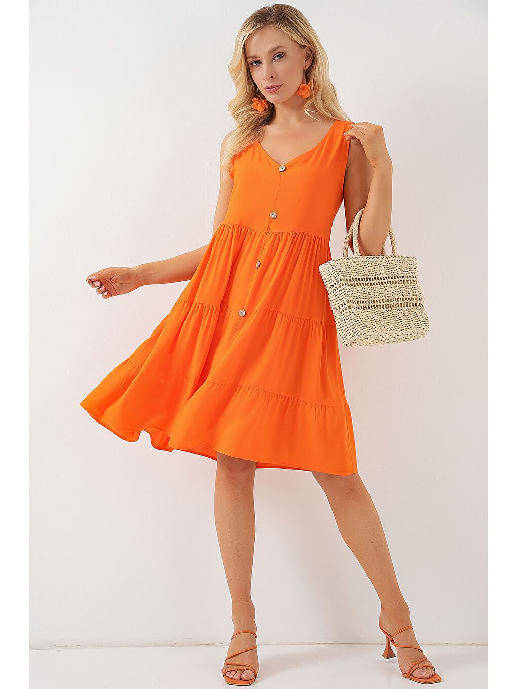 Kadın Sıfır Kol Düğmeli Kısa Elbise 2571 - Turuncu-1