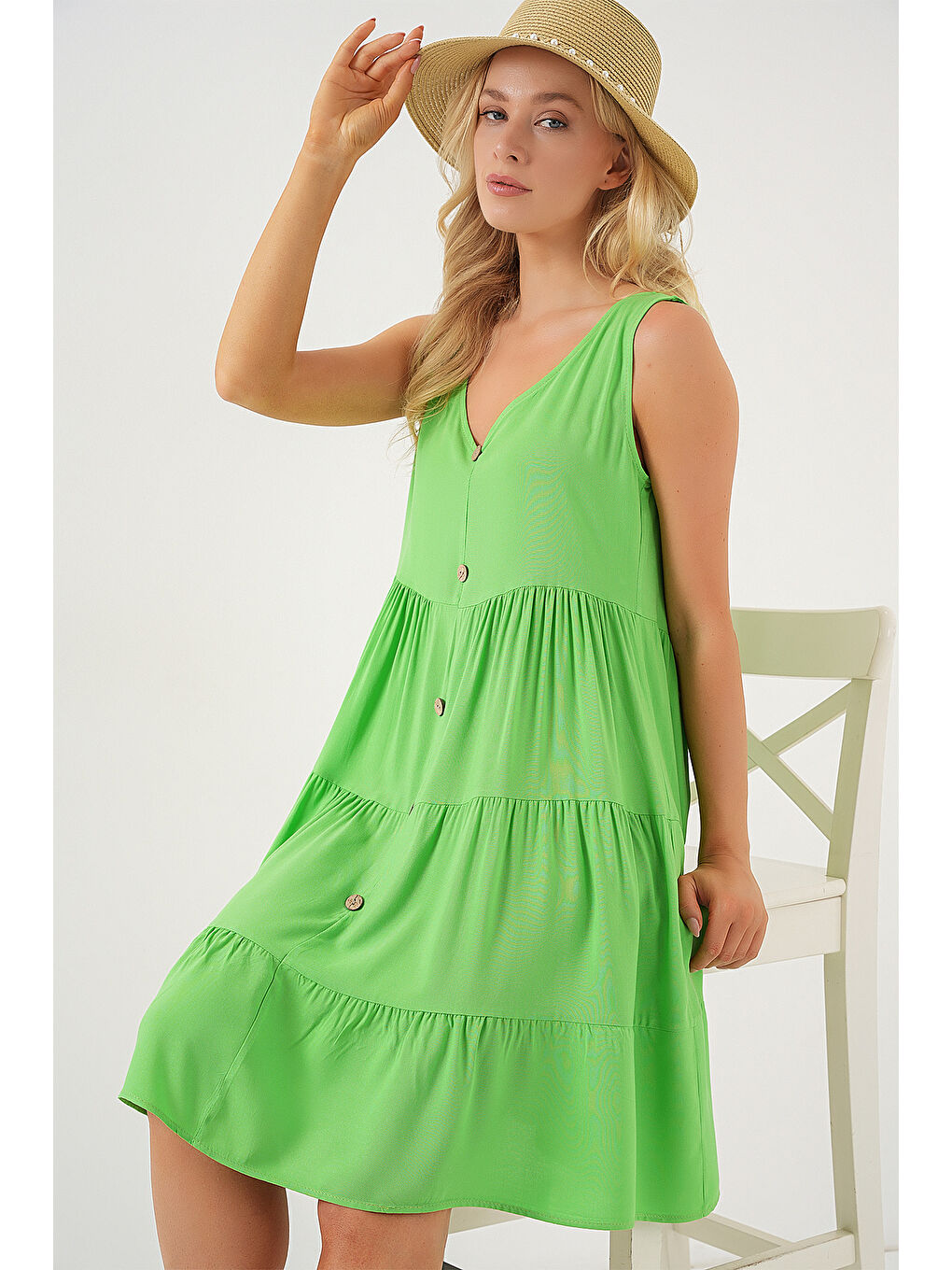 Kadın Sıfır Kol Düğmeli Kısa Elbise 2571 - Yeşil-3