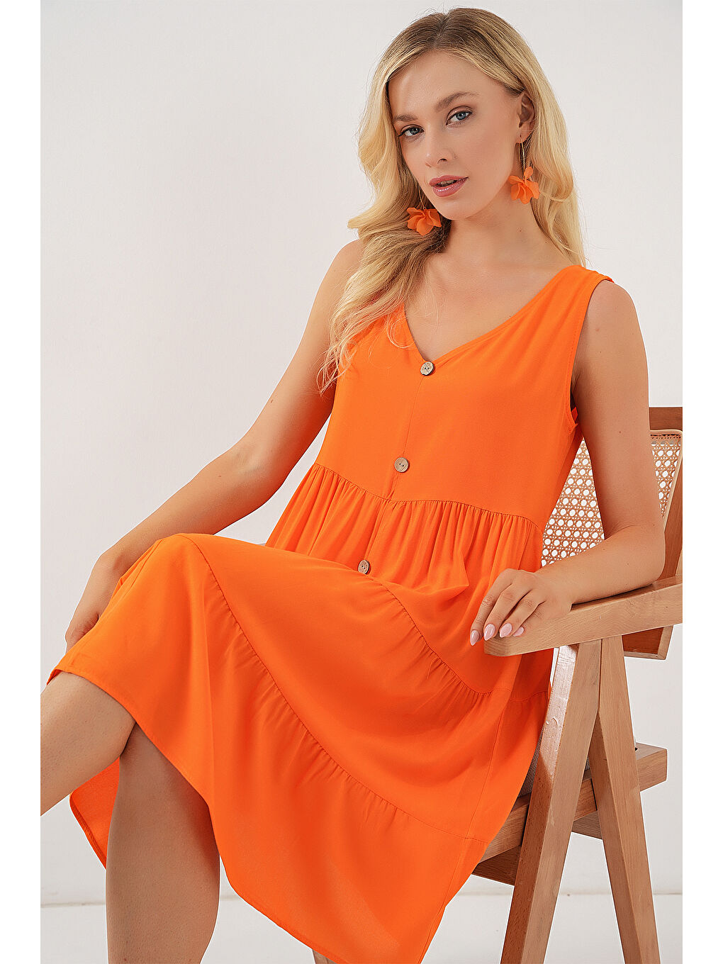 Kadın Sıfır Kol Düğmeli Kısa Elbise 2571 - Turuncu-2