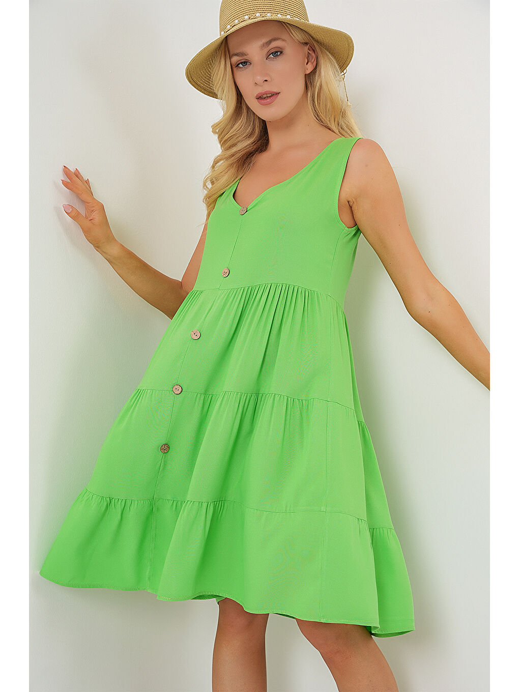 Kadın Sıfır Kol Düğmeli Kısa Elbise 2571 - Yeşil-4