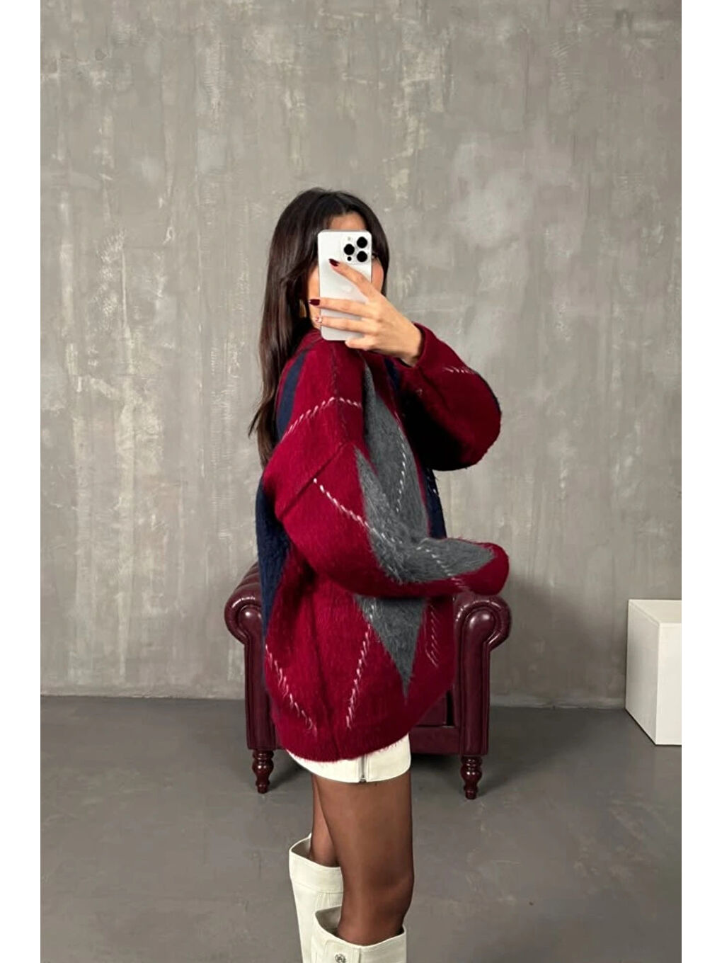 Kadın Bordo Baklava Desen Kazak EKA-0080-0001-1