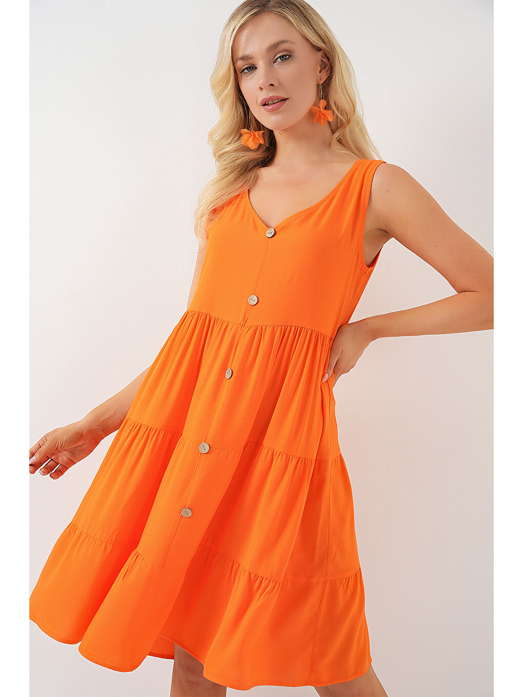 Kadın Sıfır Kol Düğmeli Kısa Elbise 2571 - Turuncu-3