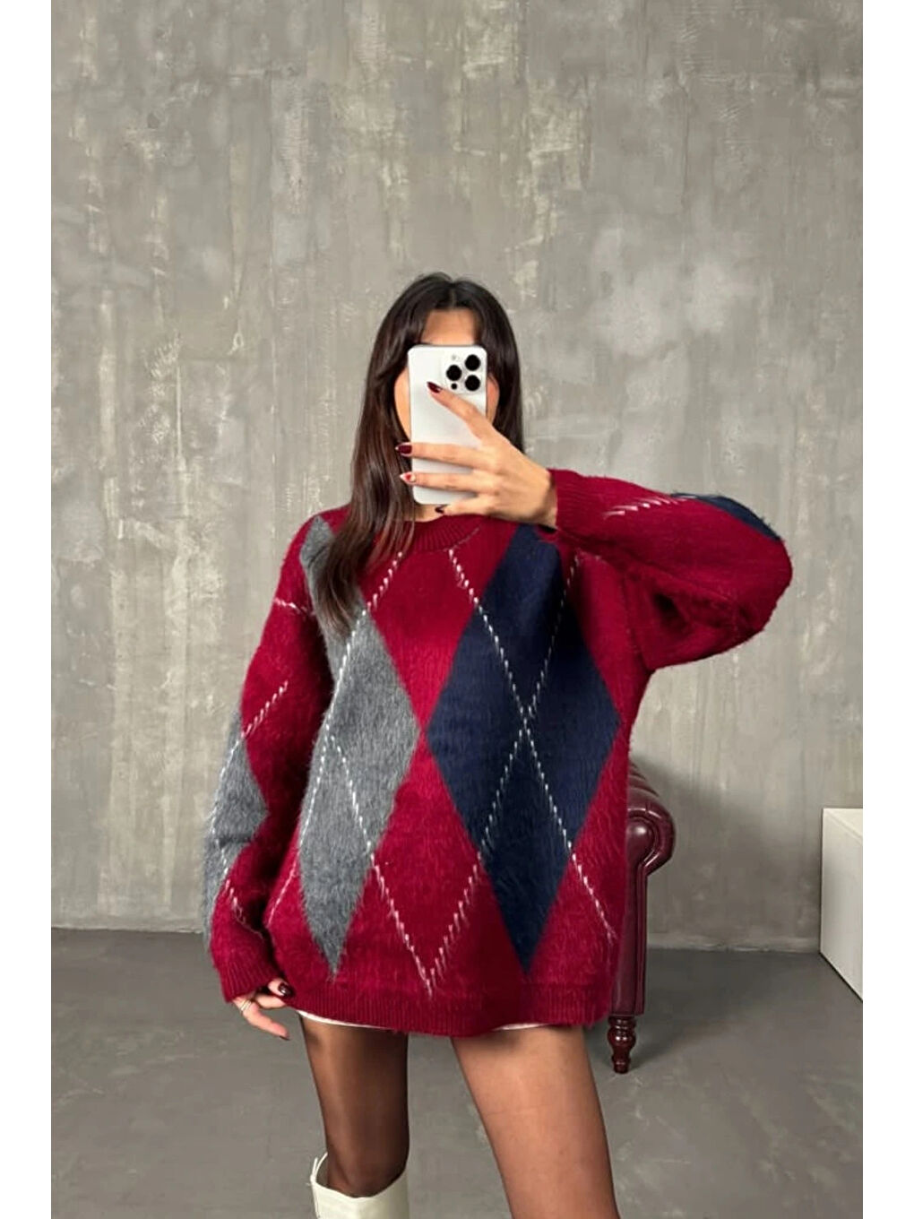 Kadın Bordo Baklava Desen Kazak EKA-0080-0001-2