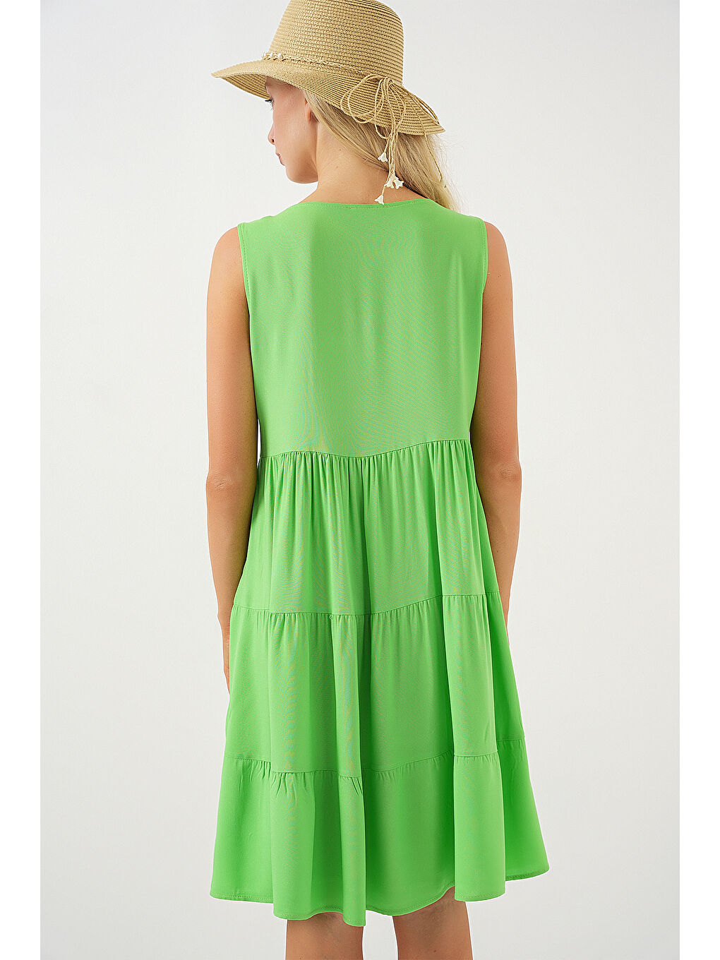 Kadın Sıfır Kol Düğmeli Kısa Elbise 2571 - Yeşil-6