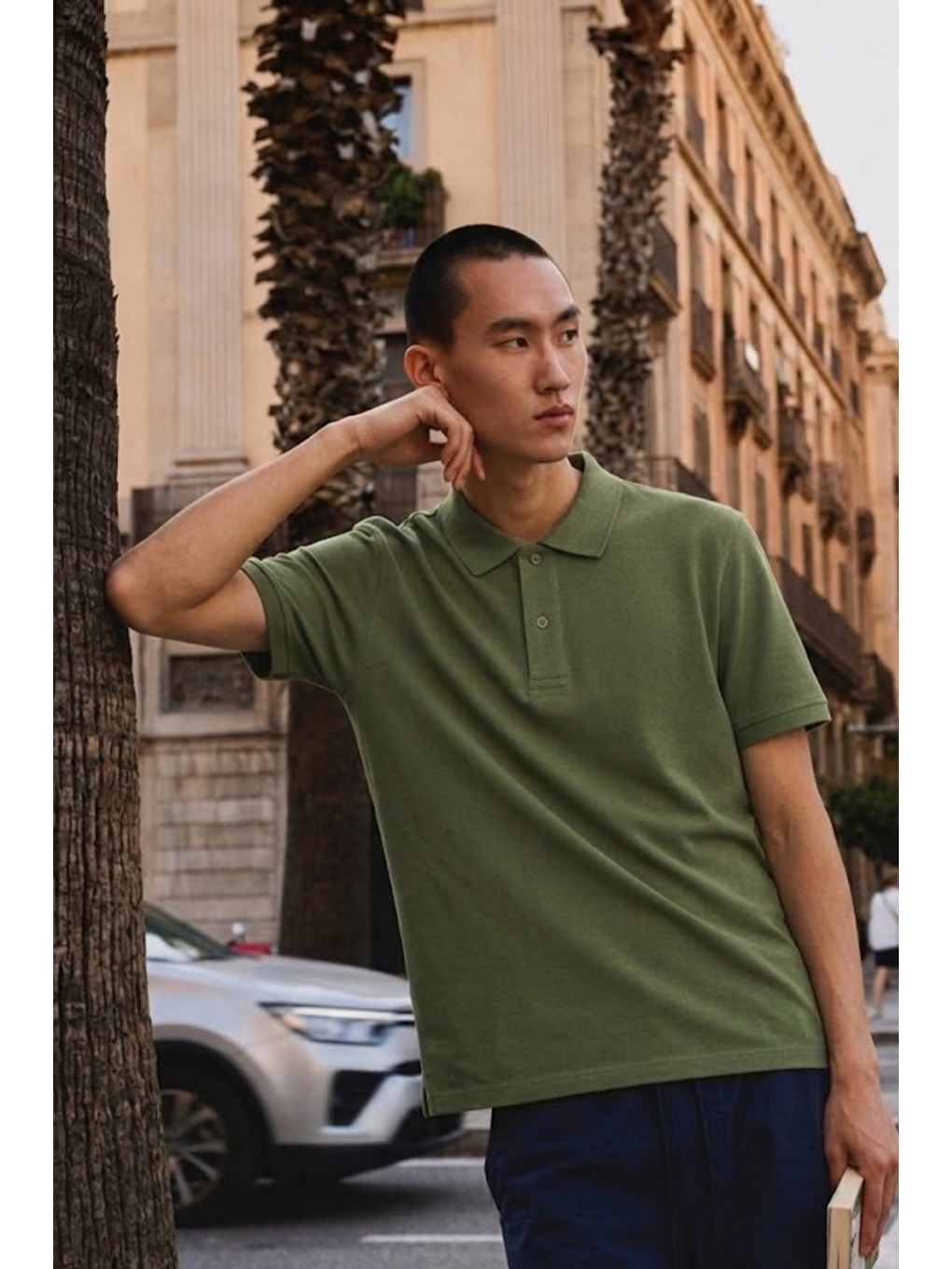 Erkek Basic Bol Haki  Polo Yaka Tişört-4