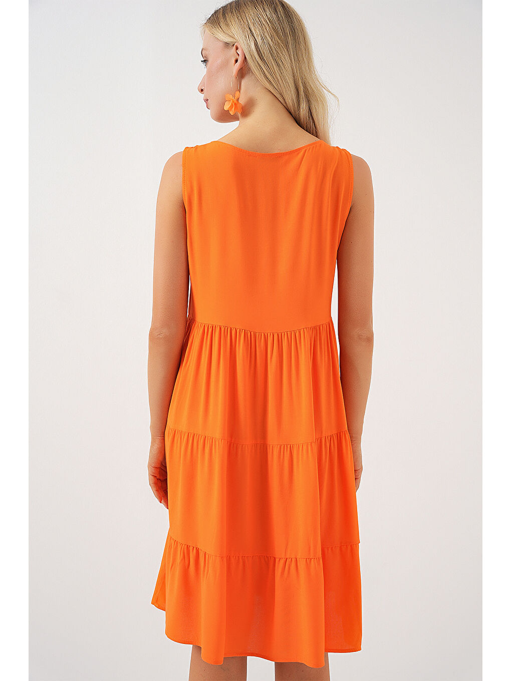 Kadın Sıfır Kol Düğmeli Kısa Elbise 2571 - Turuncu-5