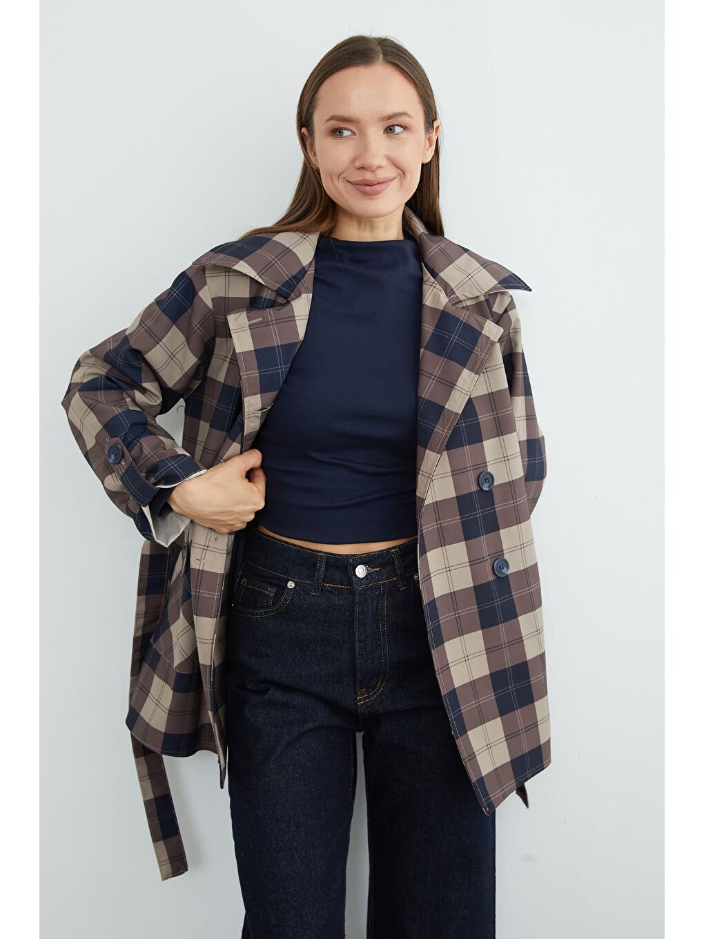 Lacivert Ekose Desenli Kuşaklı Trençkot-2