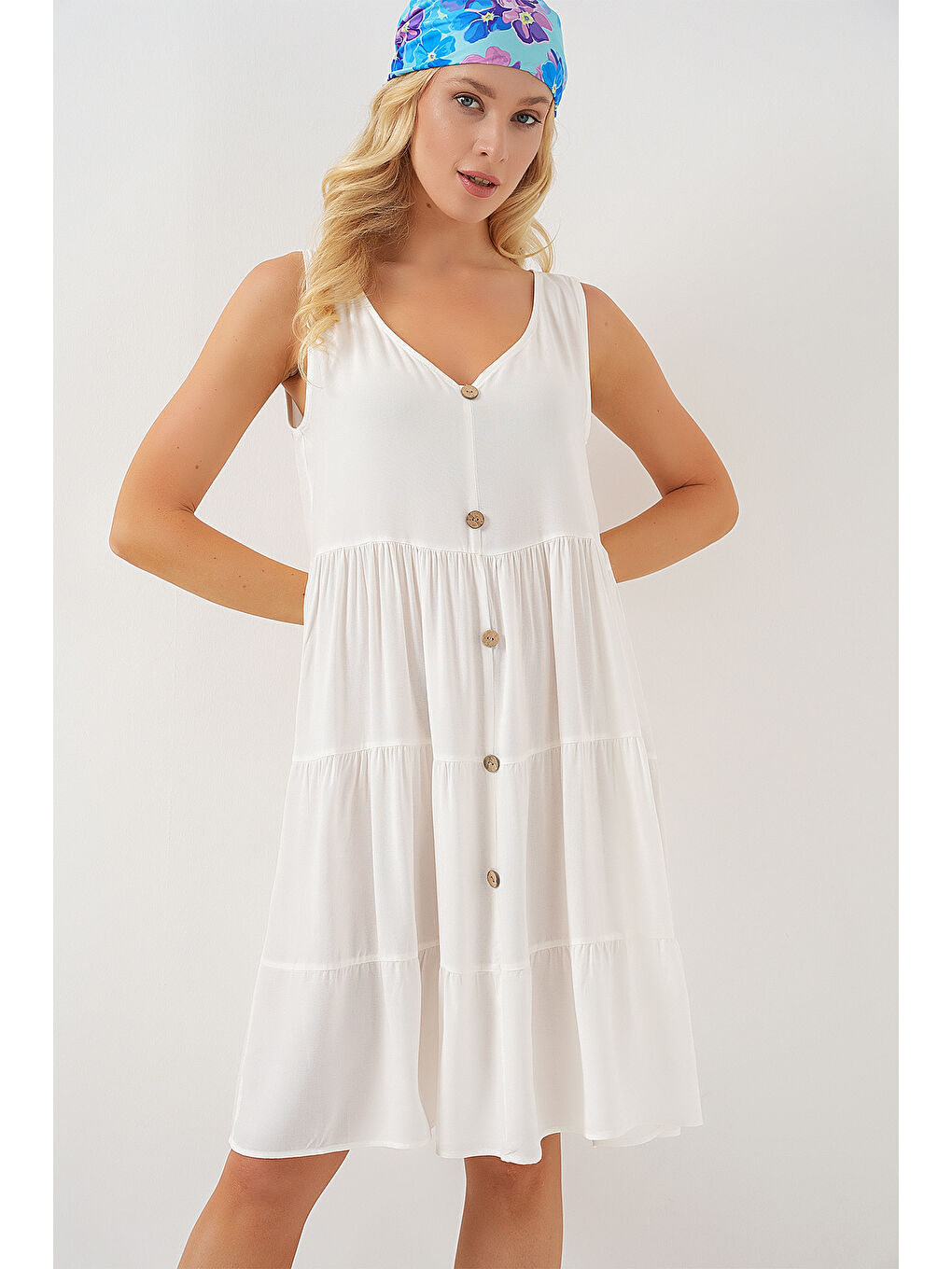 Kadın Sıfır Kol Düğmeli Kısa Elbise 2571 - Beyaz