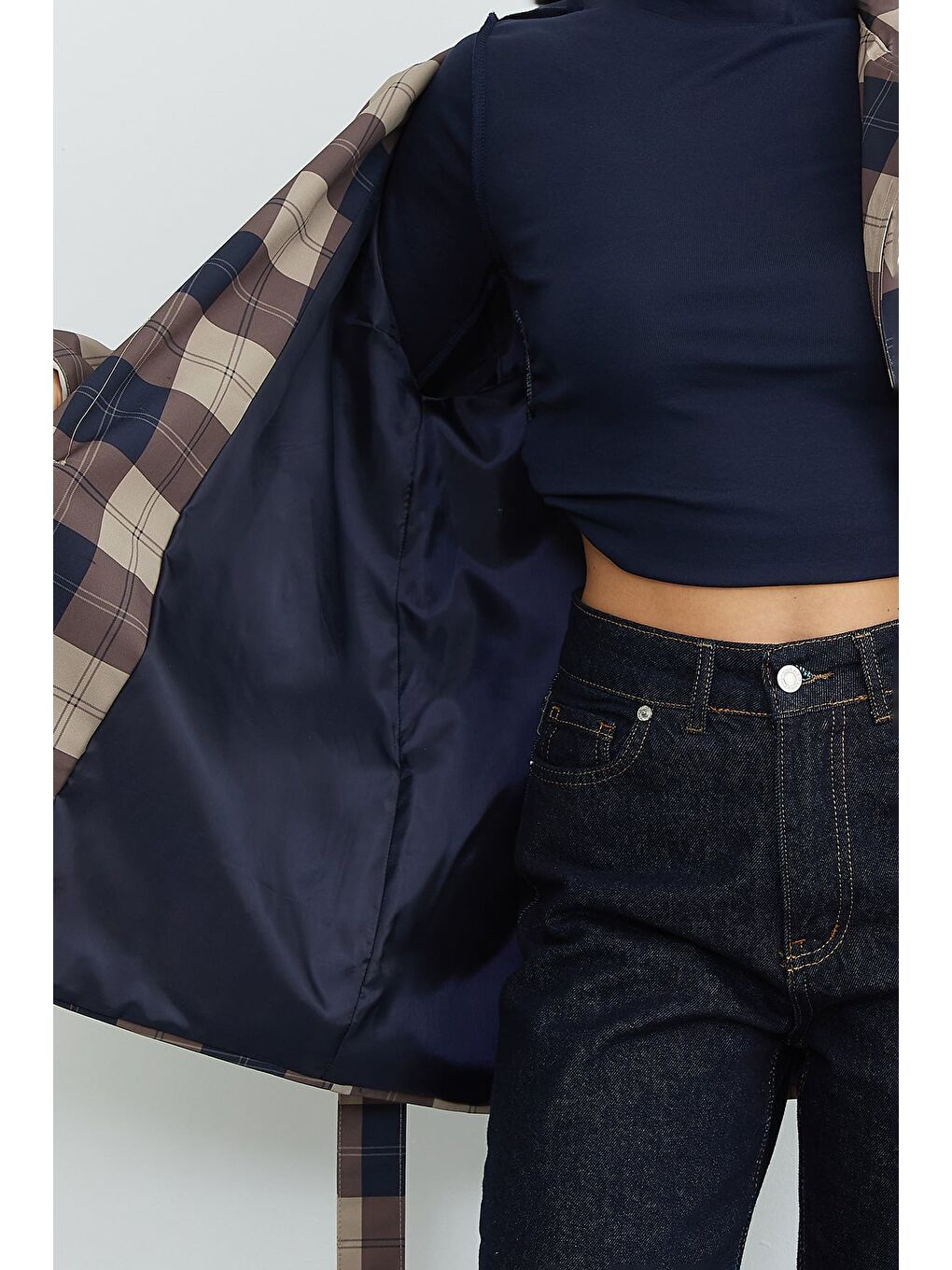 Lacivert Ekose Desenli Kuşaklı Trençkot-4