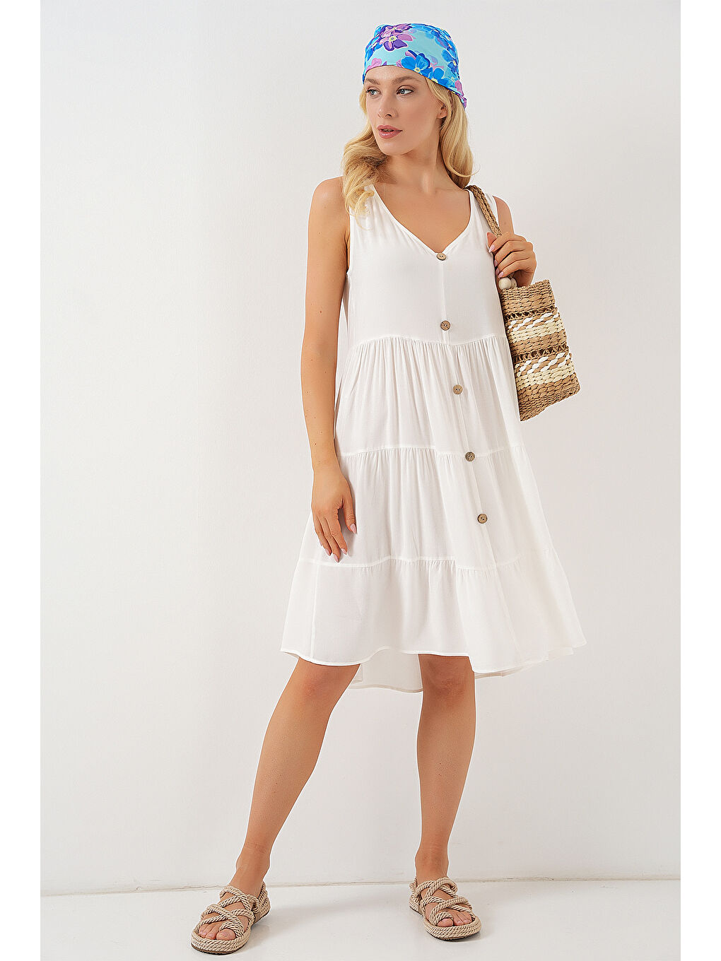 Kadın Sıfır Kol Düğmeli Kısa Elbise 2571 - Beyaz-2