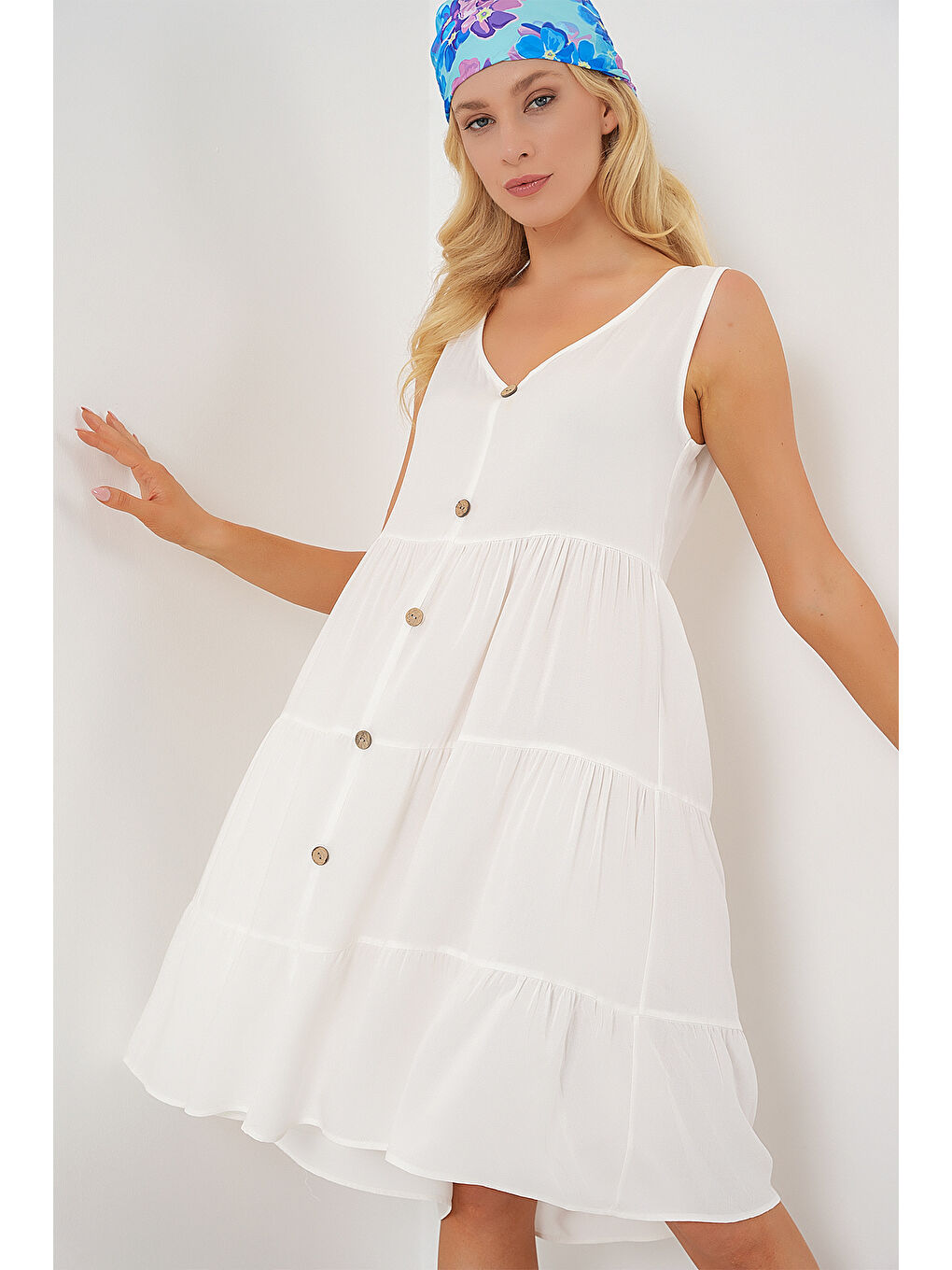 Kadın Sıfır Kol Düğmeli Kısa Elbise 2571 - Beyaz-3