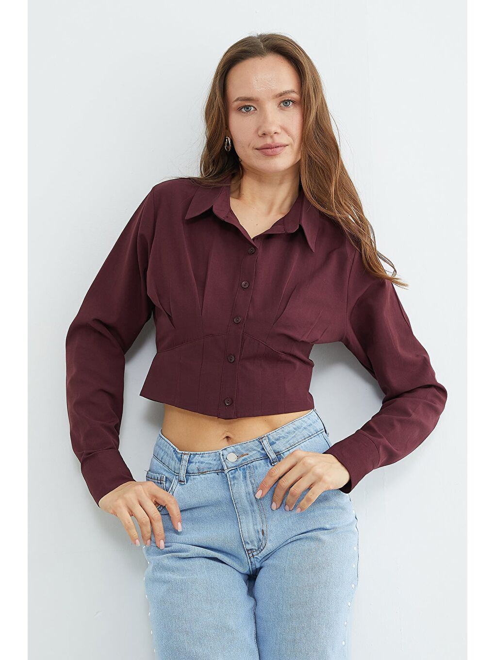 Mürdüm Basic Korse Detaylı Crop Gömlek