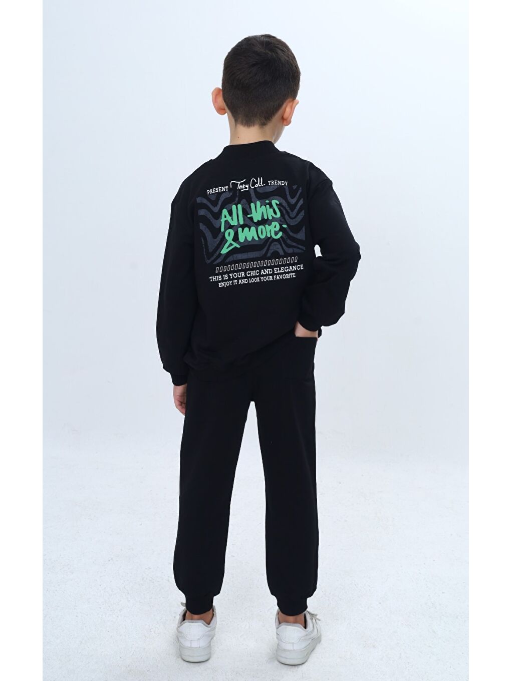 Siyah Çocuk 2'li Takım Baskılı Fermuarlı Cepli Sweatshirt & Beli Paçası Lastikli Cepli Jogger Eşofman Altı-4