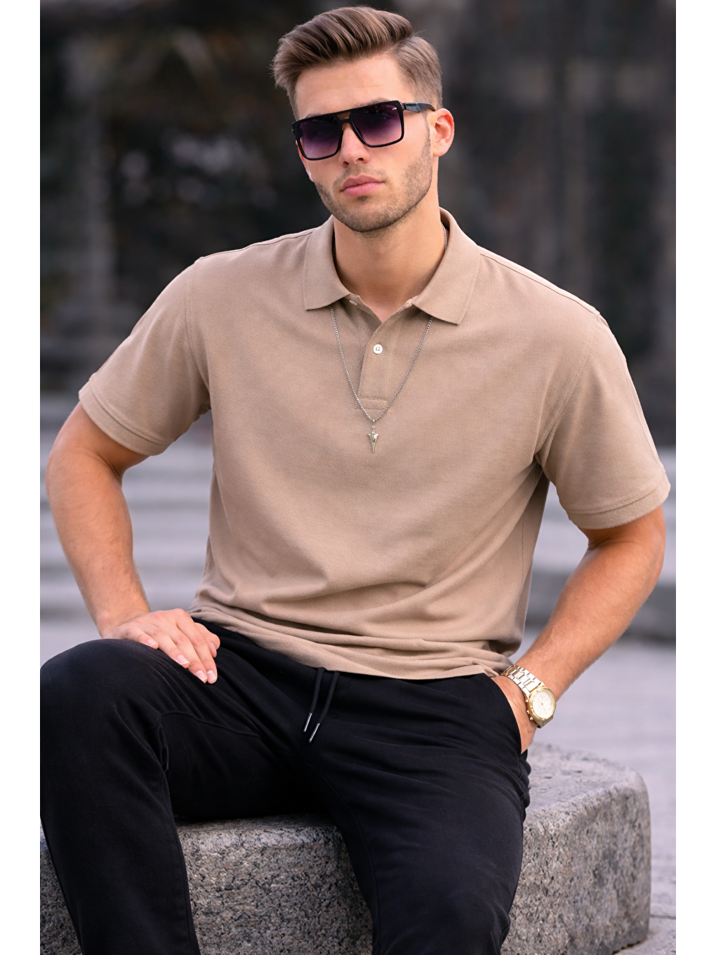 Ekru Erkek Basic Relax Krem Polo Yaka Tişört-3